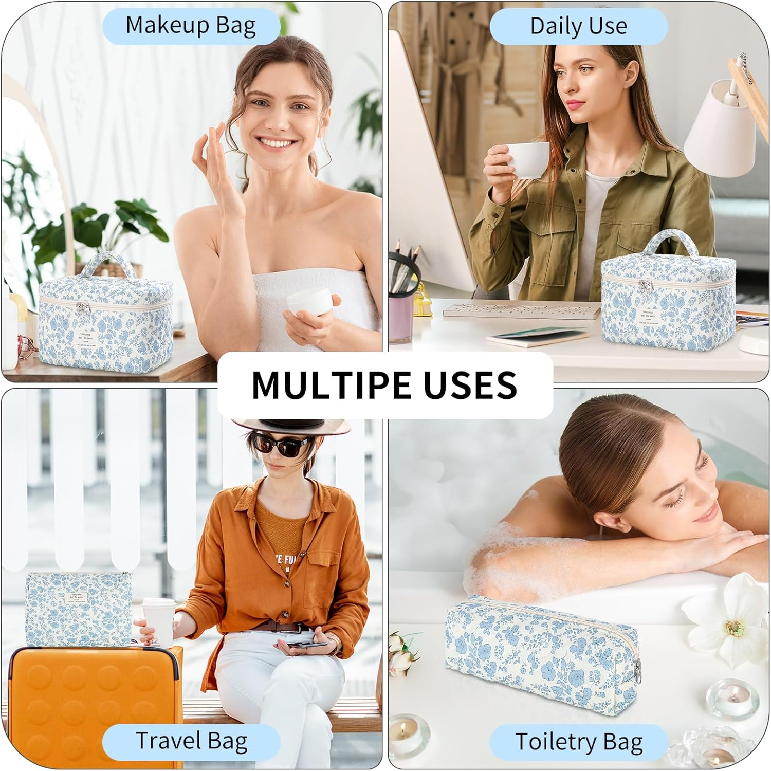 Senbowe Floral Makeup Bag, 3 Pack Large Cotton Quilted Makeup Bag Set, Cute Floral Coquette Aesthetic Toiletry Bag Make up Cosmetic Bag for Women, Toiletry Travel Make up Organizer Bag - Blue-White image number 3