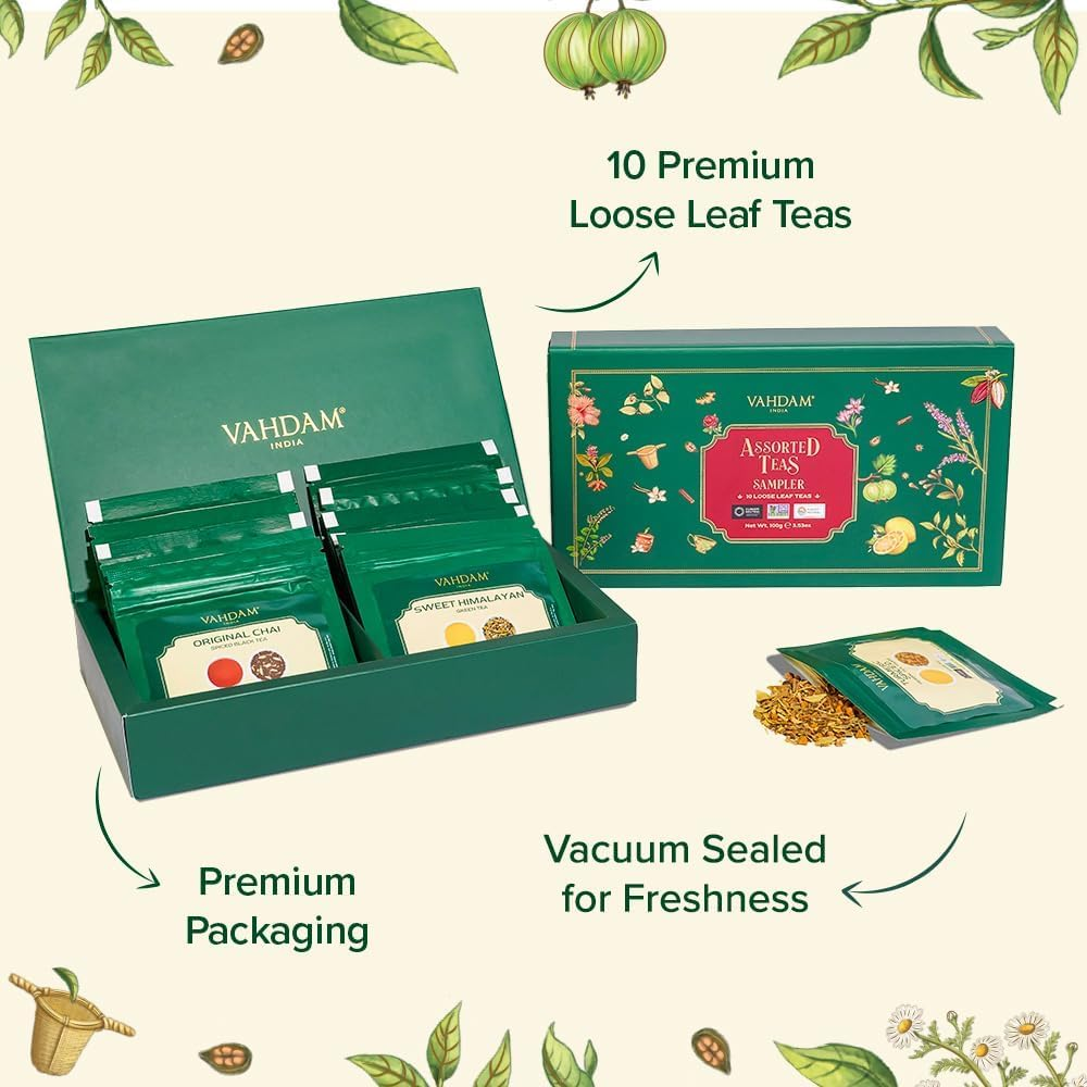 VAHDAM, Assorted Loose Leaf Tea Sampler (10 Teas) Non-Gmo, Gluten Free | Whole Loose Leaf Tea Sampler | Tea Variety Pack | Tea Gift Set | Gifts for Women & Men