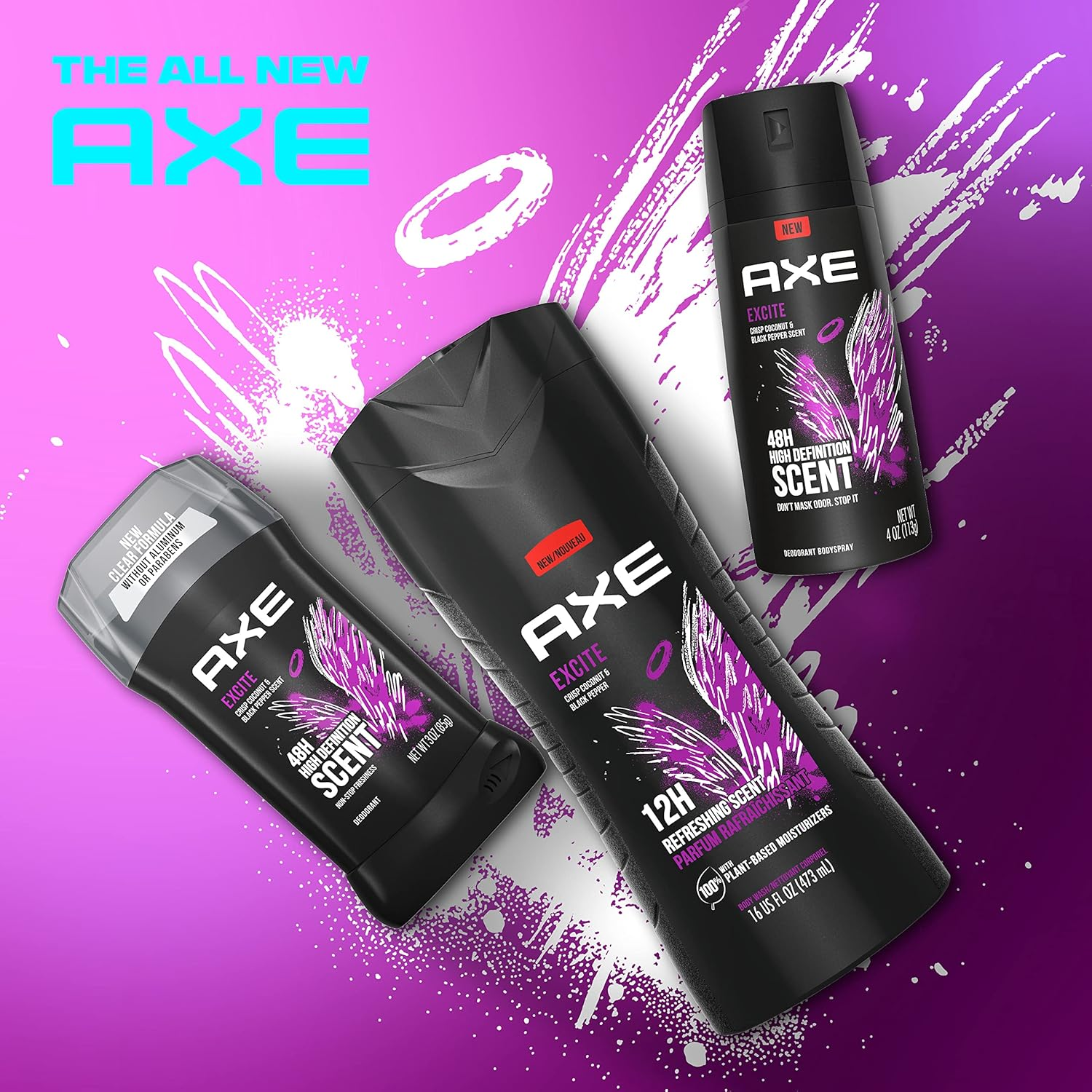 AXE Body Wash 4 Count 12H Refreshing Scent Excite Crisp Coconut & Black Pepper Men'S Body Wash with 100% Plant-Based Moisturizers 16 Oz