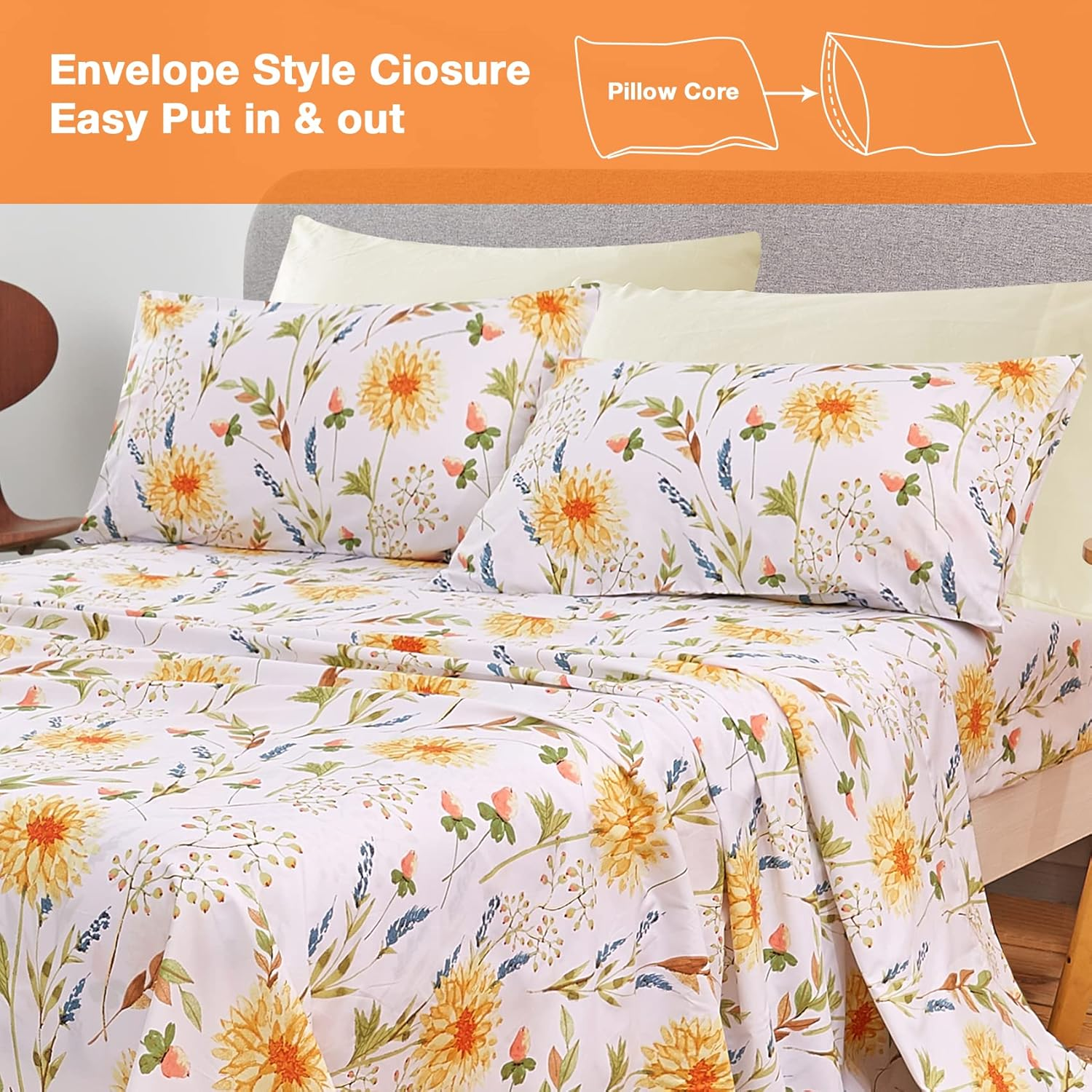 JSD 6 Piece Yellow Floral Print Sheet Set Queen Size, Soft Botanical Microfiber Sheets and Pillowcases Deep Pocket image number 2