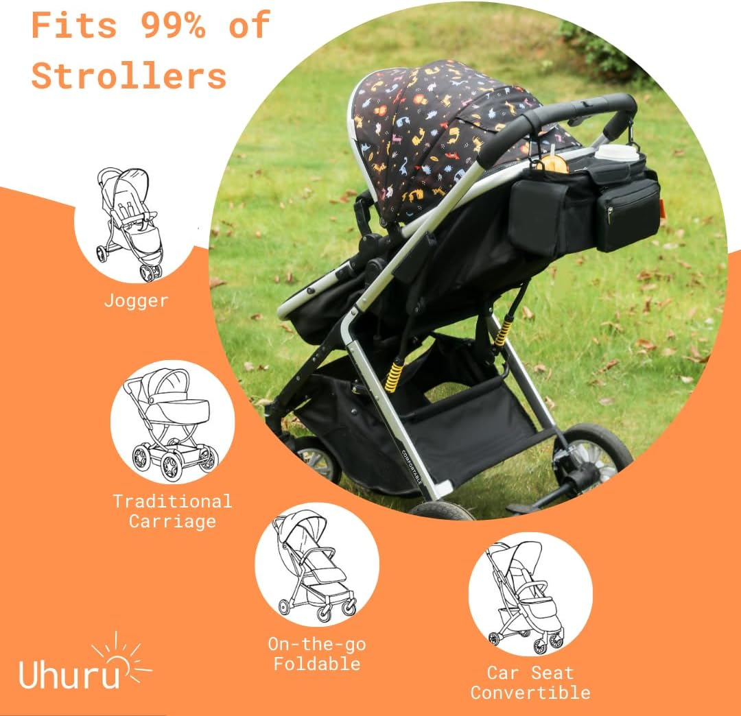 UHURU Stroller Organiser & Pram Caddy with Extra Storage Pockets, Insulated Coffee Cup Holders and Phone Storage, Universal Travel Pram Stroller Bag Compatible with Uppababy, Bugaboo & 99% of Prams image number 3