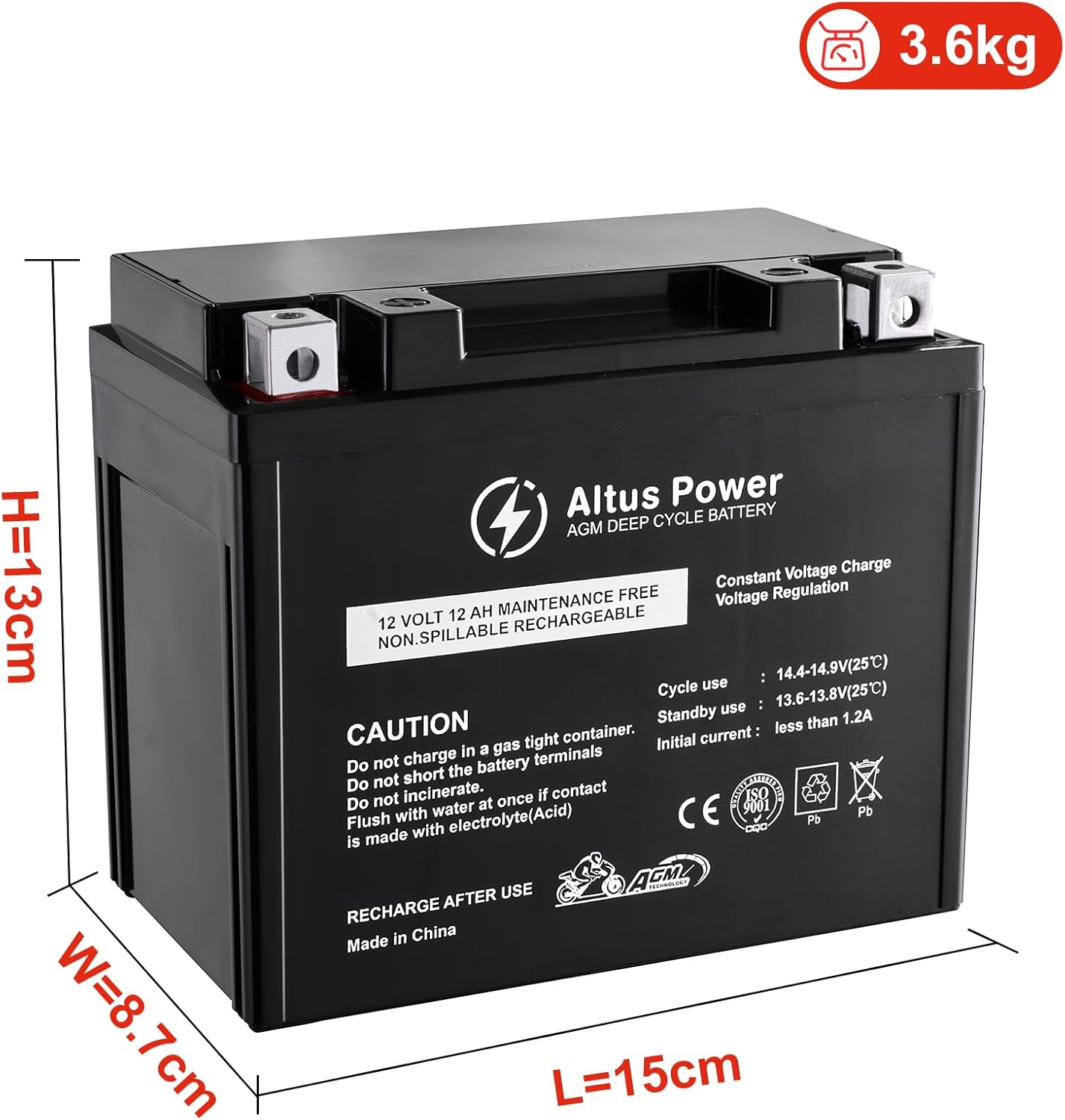 Altus 12V 12Ah AGM Motorcycle Battery Deep Cycle SLA Lead Acid Battery image number 1