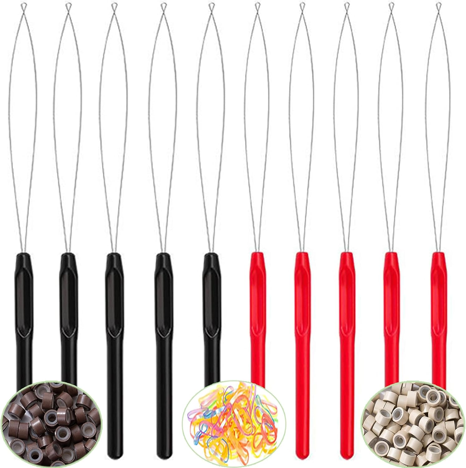 Hair Extension Loop Tools Set, 10 Pieces Pulling Needles with Beads, Black and Red Threader for Braiding, Tinsel & Extensions