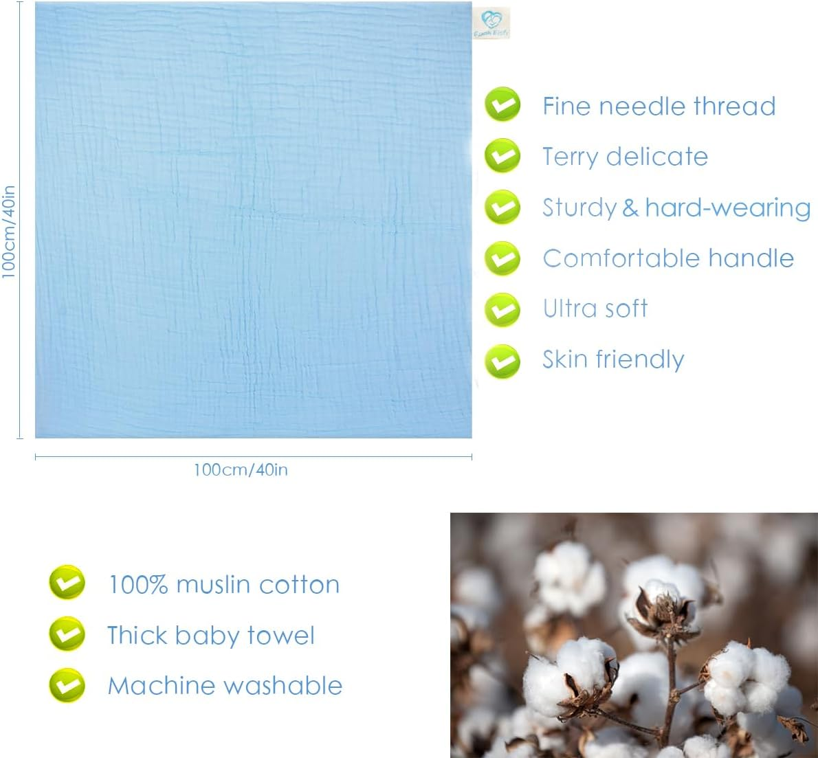 Muslin Baby Towel Super Soft and Absorbent Cotton Baby Bath Towels 2 Pack 6 Layers Infant Newborn Blanket Toddler and Kids Large 40 X 40Inches (Blue & White)