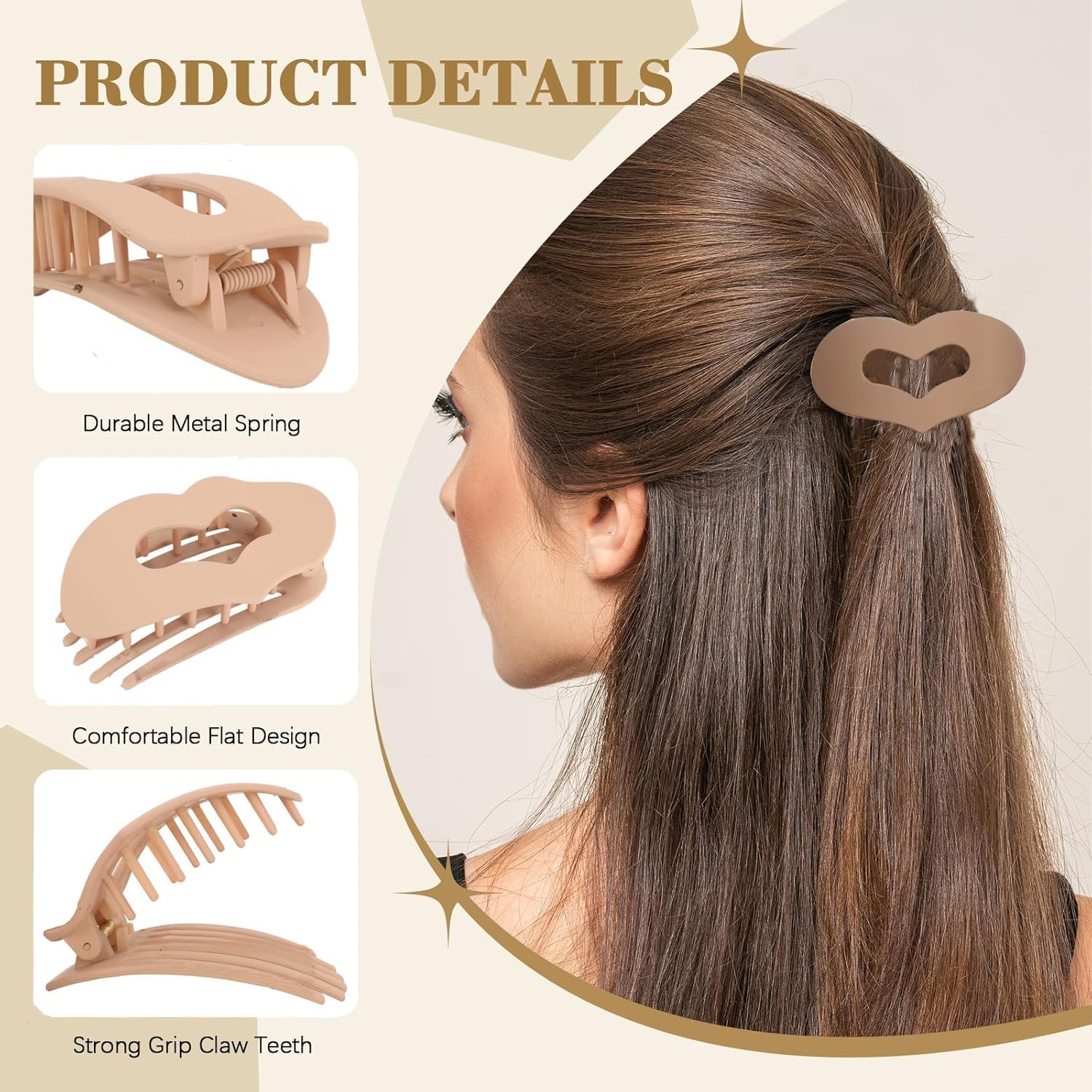 Women'S Hair Clip, Flat Claw Clip, Strong Hold & Non-Slip, Heart-Shaped Matte Hair Clip for Inserting for Thick and Thin Hair, Pack of 4