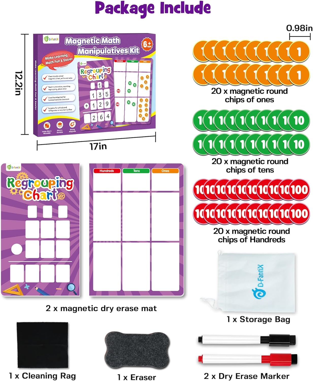 Regrouping Base Ten Place Value, Addition and Subtraction Math Manipulatives for 1St 2Nd 3Rd Grade, Double Sided Magnetic Dry Erase Board for Kids Classroom Must Haves Homeschool Supplies