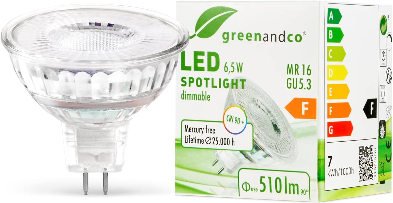 Greenandco 10X MR16 GU5.3 | Dimmable | Replaces 45W | Warm White 3000K | CRI 90+ | 6.5W 510 Lm | 38&deg; | Flicker-Free | COB LED Spot | 12V AC/DC