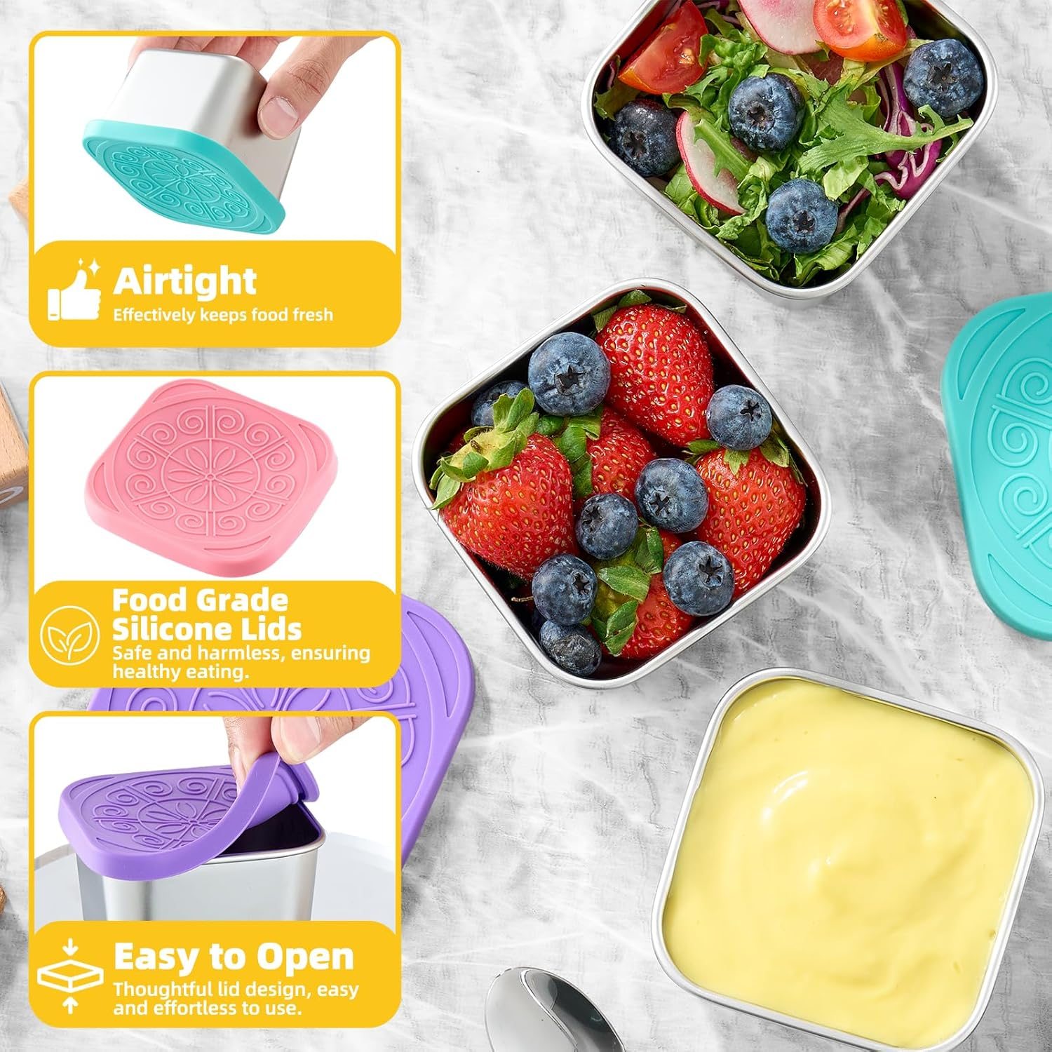 Feshory 6 Pack (190Ml/6.5Oz) Stainless Steel Snack Containers with Silicone Lid - Reusable Salad Dressing Sauce Container, Divided Snackle Box for Storing Nuts, Fruits, Snacks, Dips image number 3