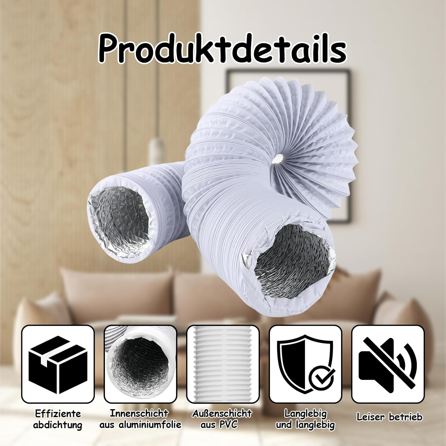 Exhaust Hose 150 Mm, Exhaust Hose Air Conditioner, 3 Metres Ventilation Hose with 2 Hose Clips for Mobile Air Conditioning, Dryer, Exhaust Fan, Extractor Hood, Ventilation System, White image number 3