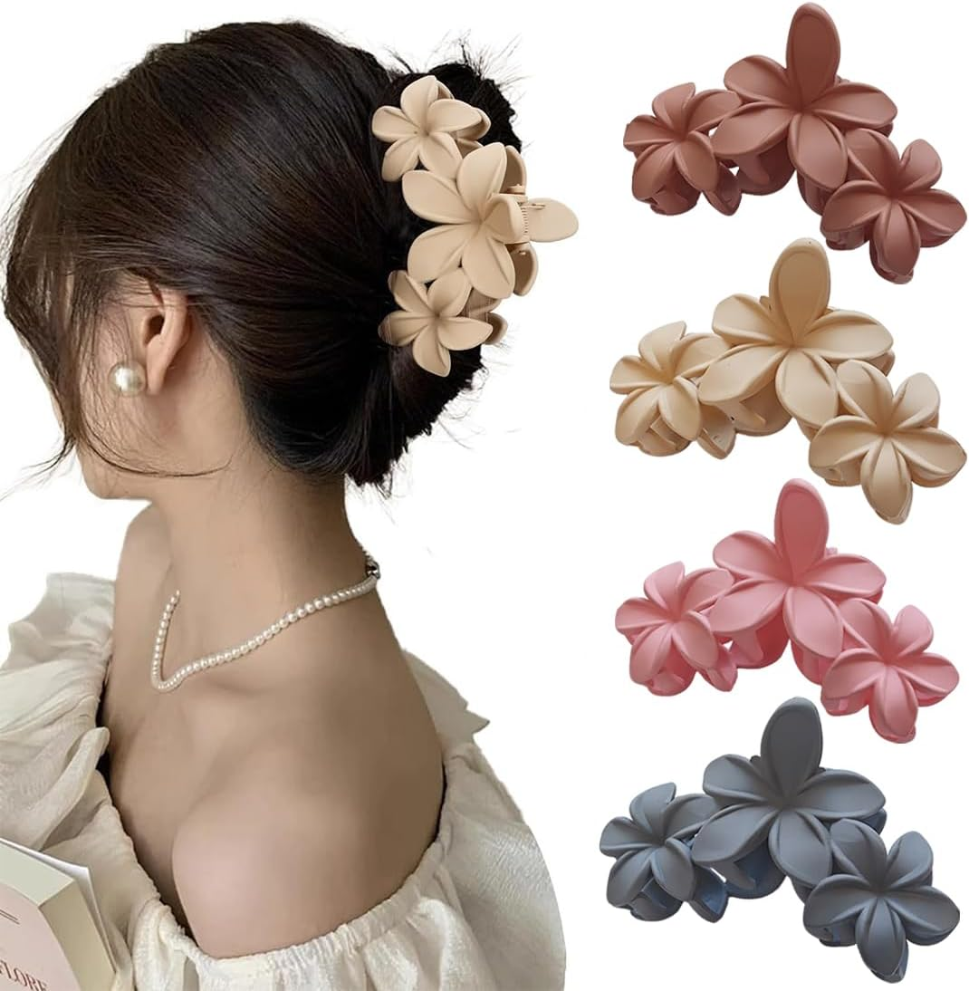 XYTAHDM Pack of 4 Hair Clips with Flower Motif for Women, Preppy Flower Hair Clip, Hawaiian Plumeria Hair Clip, Hawaiian Hair Accessories for Thick Hair, Strong Hold, Non-Slip, Gifts for Women (B) image number 4