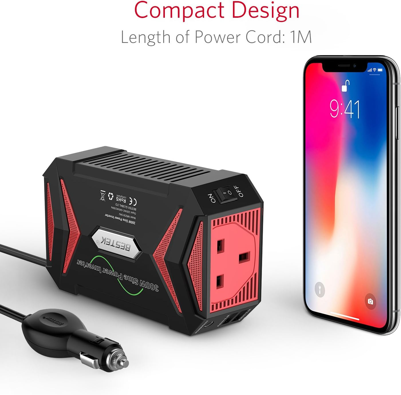BESTEK 300W Pure Sine Wave Power Inverter DC 12V to AC 230V 240V with 4.2A Dual Smart USB Ports Car Adapter - 300W image number 5