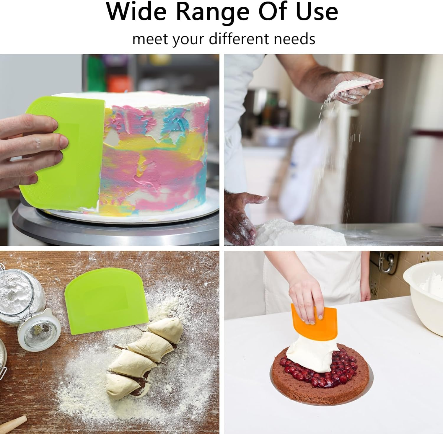 4 Pack Dough Scraper Bench Scraper for Baking, BPA Free PE Plastic Flexible Bowl Scraper, Food-Safe Plastic Dough Cutter for Bread Cake Dough Fondant Icing, White/Green/Orange/Pink image number 5