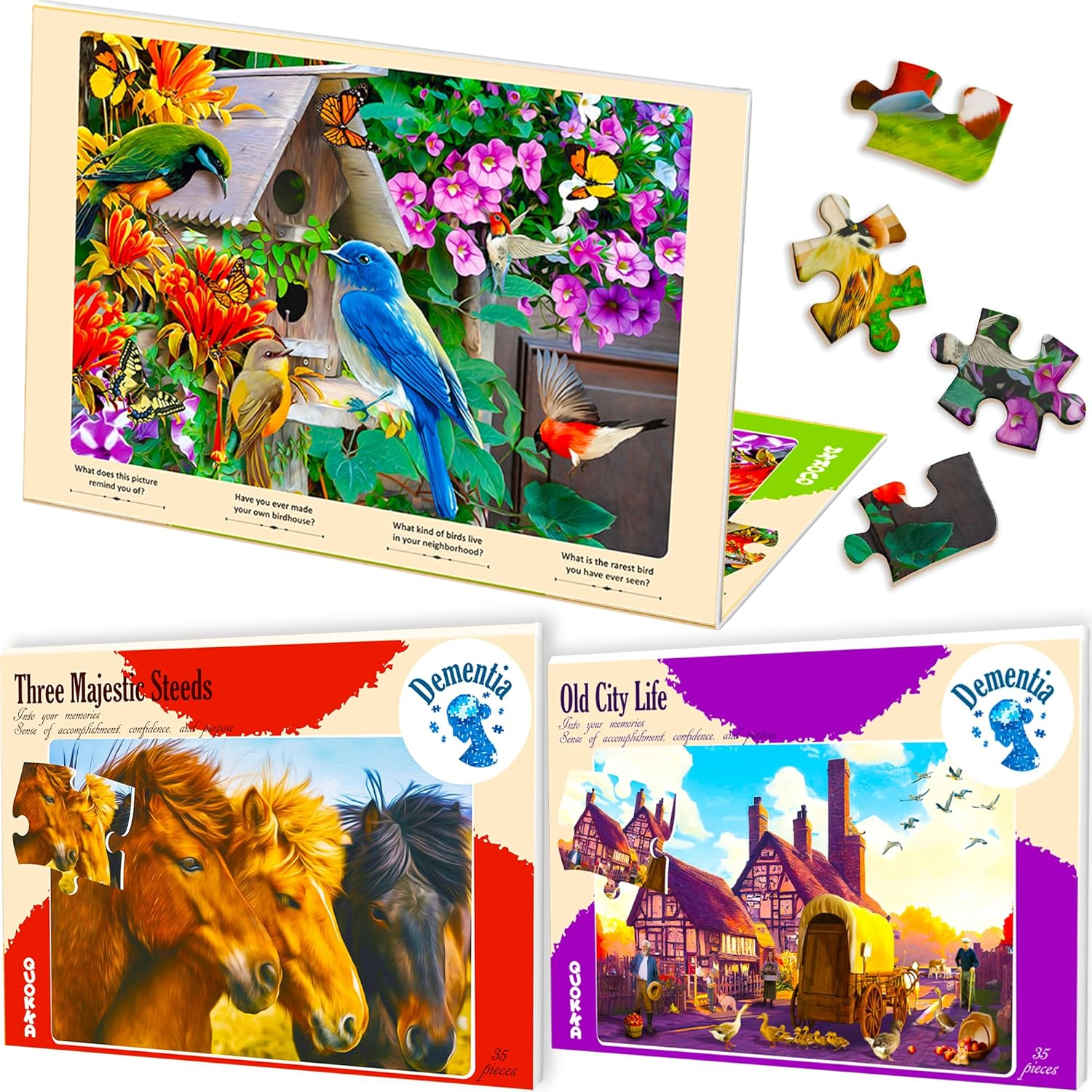 QUOKKA 13 Piece Dementia Activities for Adults - 3 Set Dementia Puzzles for Elderly - Large Piece Gifts Products for Seniors - Alzheimers Jigsaw Puzzle Games for Adults with Cat, Dog, and Birds