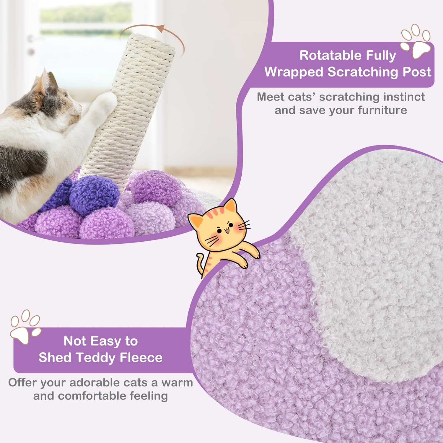 Costway Bubble Tea Cat Tree Tower Cat Condo Furniture W/Scratching Post Dangling Ball Toy Multifunctional Cat Furniture Indoor Cats Cute Kitten Activity Center (Purple & White) image number 2