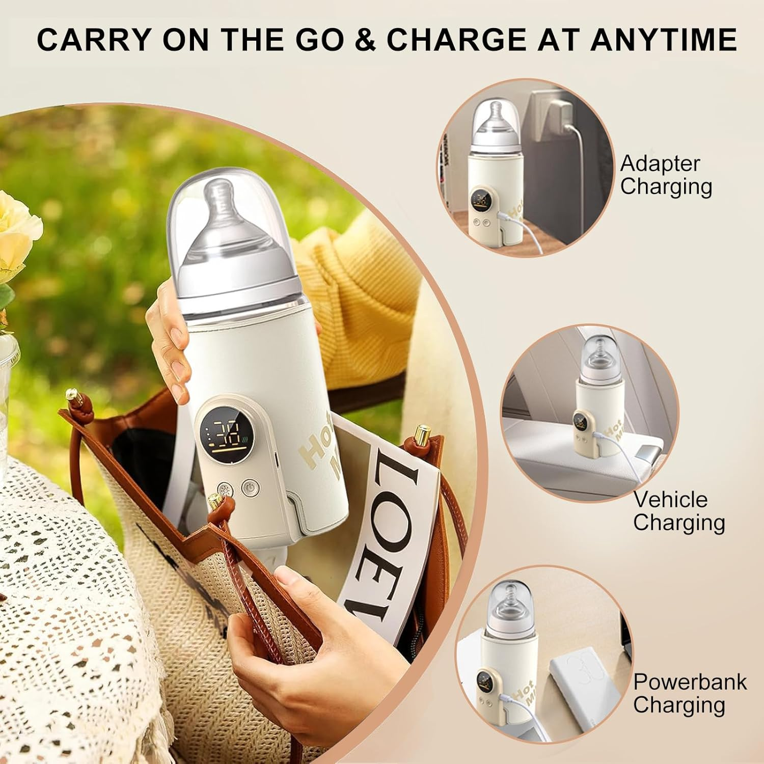 Portable Bottle Warmer, Fast Charging Infant Bottle Warmer, Portable Baby Milk Warmer with LED Display, 6-Speed Temperature Control, 360 Degree Wrap Even Warming, for Home and Outing image number 2