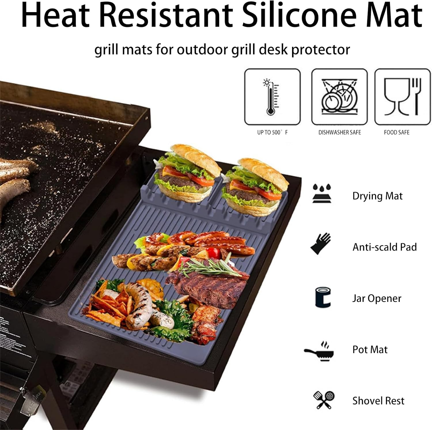 Dafape Grill Mat for Blackstone, Barbecue Griddle Pad Side Shelf Mat for Outdoor Kitchen Countertop Spatula Cooking Silicone Reusable BBQ Accessories Protective Mat (Gray) image number 6