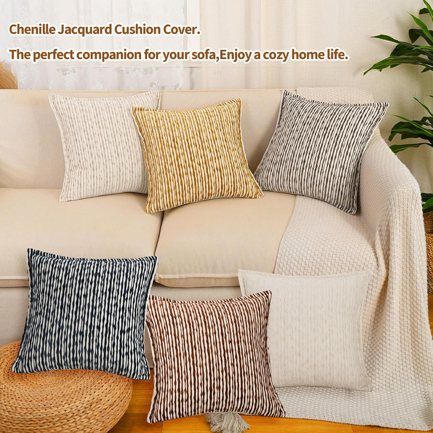 Chenille Jacquard Pillow Cover 45X45Cm Set of 2- Soft Textured Decorative Cushion Case Boho Striped Pillowcase for Sofa Bed Living Room, Beige image number 2