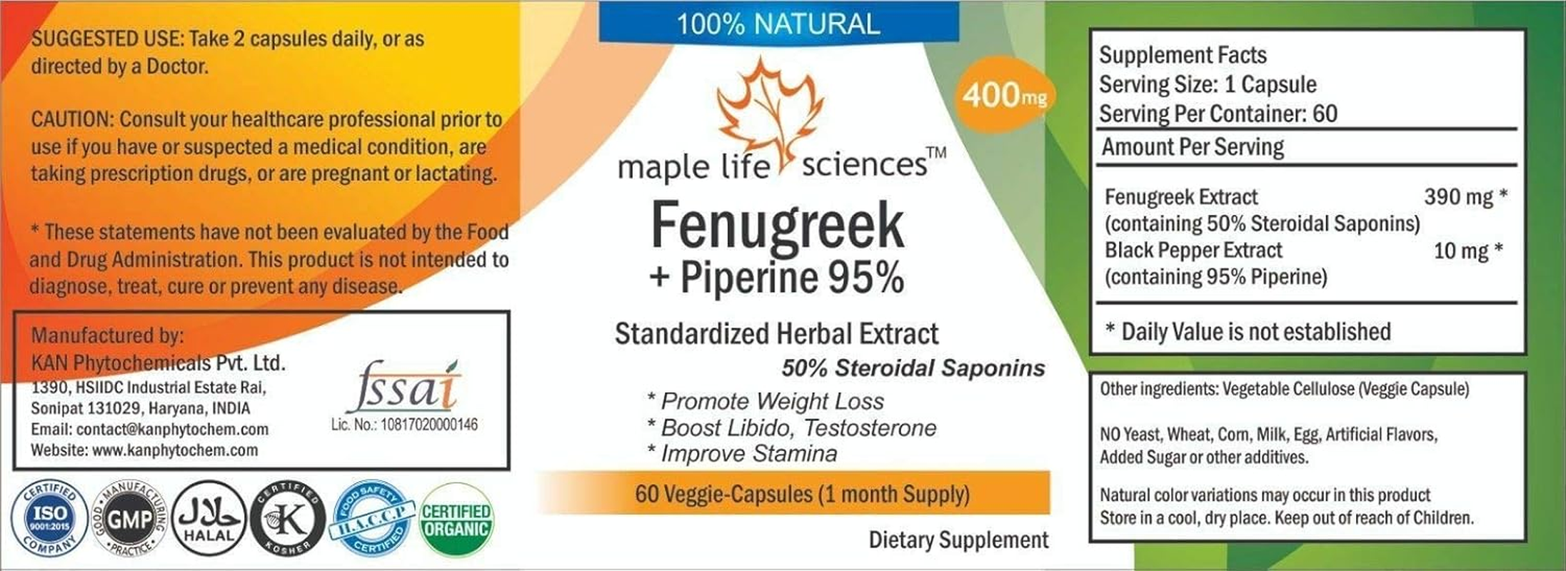 Fenugreek and Piperine Extract - 60 Vegan Capsules (50% Steroidal Saponins) - 400Mg image number 1