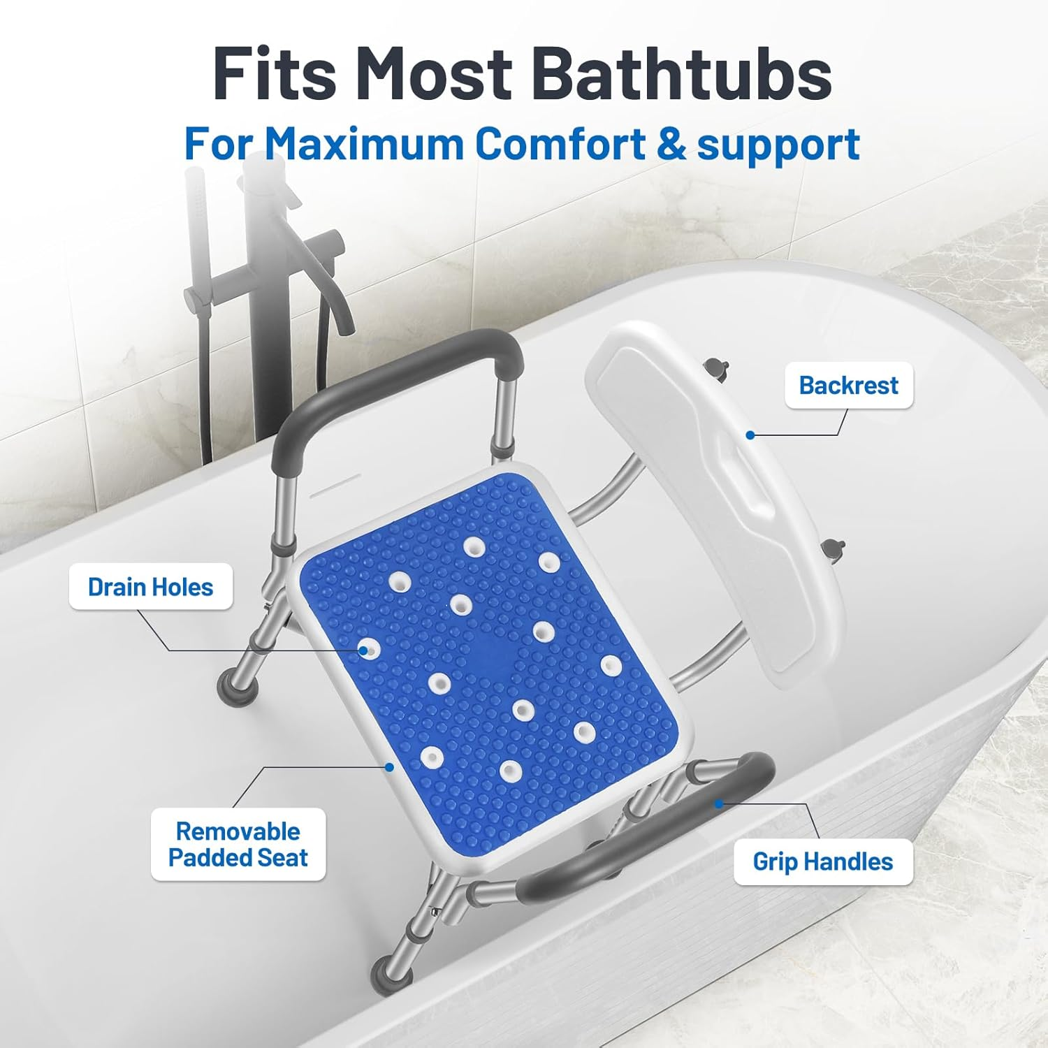 Tocebe Shower Chair for inside Shower, 550LB Capacity Shower Seat with Reinforced Cross Bar, Adjustable Height anti Slip Bath Chair with Backrest, Padded Armrests, Loofah Stick for Elderly & Disabled image number 2