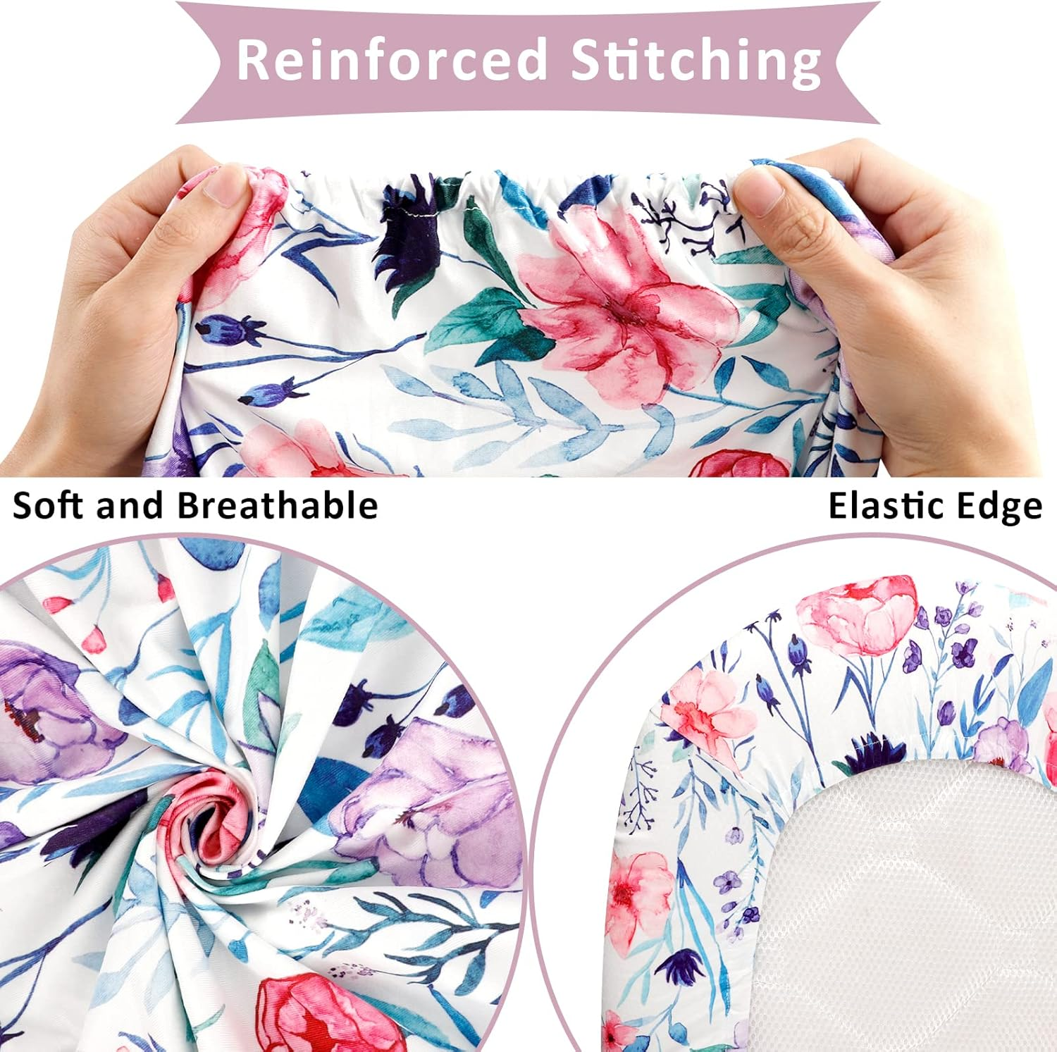 Bassinet Sheet 2 Pack Ultra Stretch Bassinet Fitted Sheet for Baby Girls Boys, Soft Universal Snug Fits Rectangle, Oval and Hourglass Bassinet Pad/Mattress, Stylish Floral image number 3