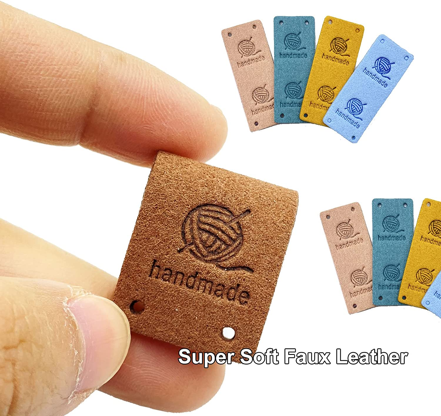 Gewene 50 Pcs Faux Leather Label Handmade Tag Label Folding Handmade Tags Button Holes Embossed Tag Embellishment Knit DIY Jeans Bags Shoes Hat Crafts, Knitting and Crocheting(Yarnball, 10 Colors) - Yarnball 10 Colors image number 5