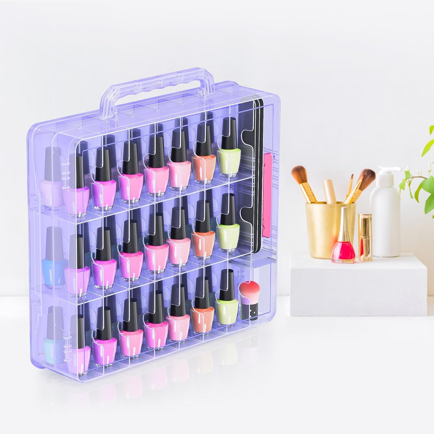 Beloving Nail Polish Organizer Case for 48 Bottles Nail Polish Holder with Adjustable Divider, Gel Nail Polish Storage Double Side Nail Polish Organizer Case for Storage Display, Purple image number 1
