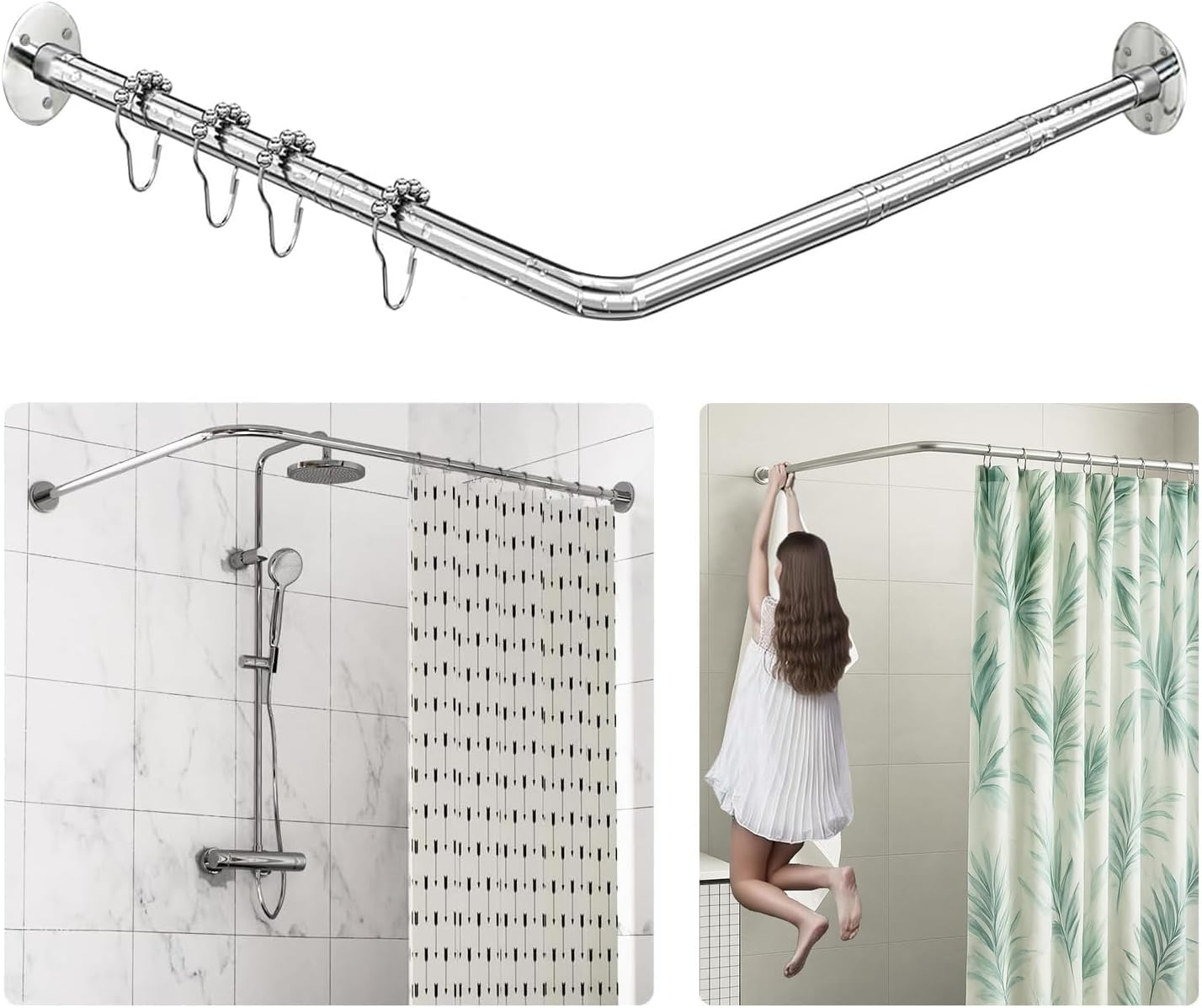 Sikaiqi Stretchable 304 Stainless L Shaped Bathroom Bathtub Corner Shower Curtain Rod Rack (90-130Cm X 90-130Cm)