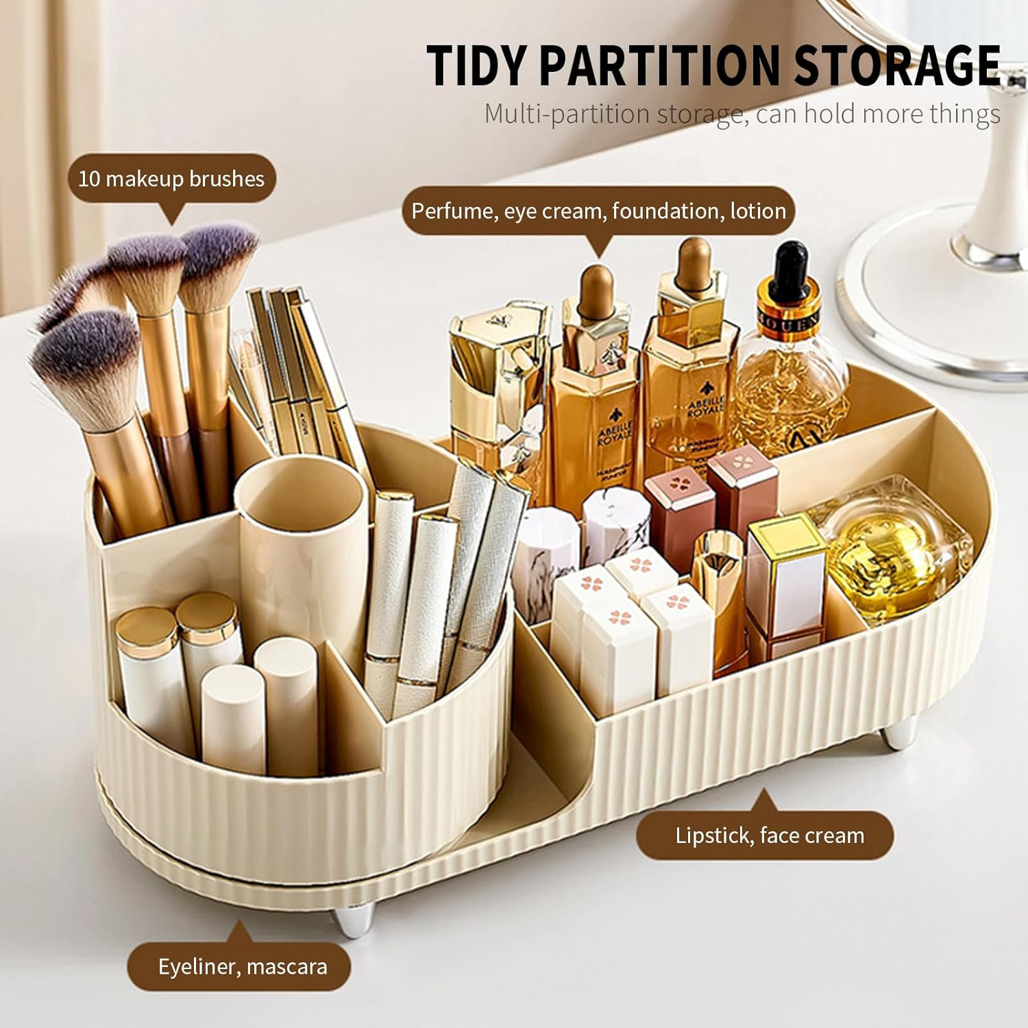 Rotating Makeup Organizer Large Capacity Cosmetic Organiser Desk Dresser and Bathroom Organizer Cosmetics Display Case for Lipsticks,Skincare,Brushes,Nail Care, Jewelry(Creamy White) image number 3