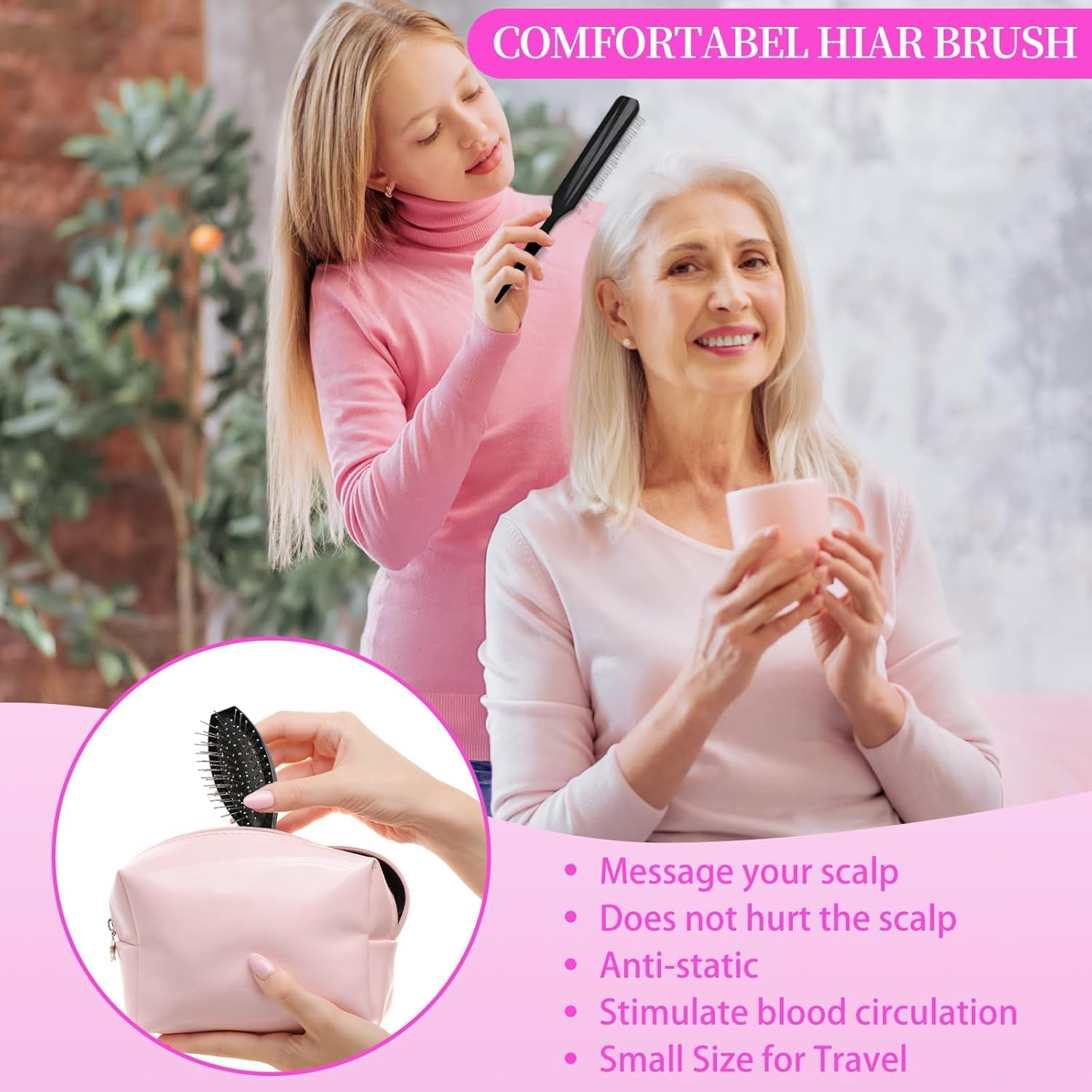 Black Wig Brush Styling Comb Steel Pin Brush, 2Pcs Gentle Wig Brush Steel Bristle Hairbrush, Synthetic Wigs Travel Comb with Bristles image number 1