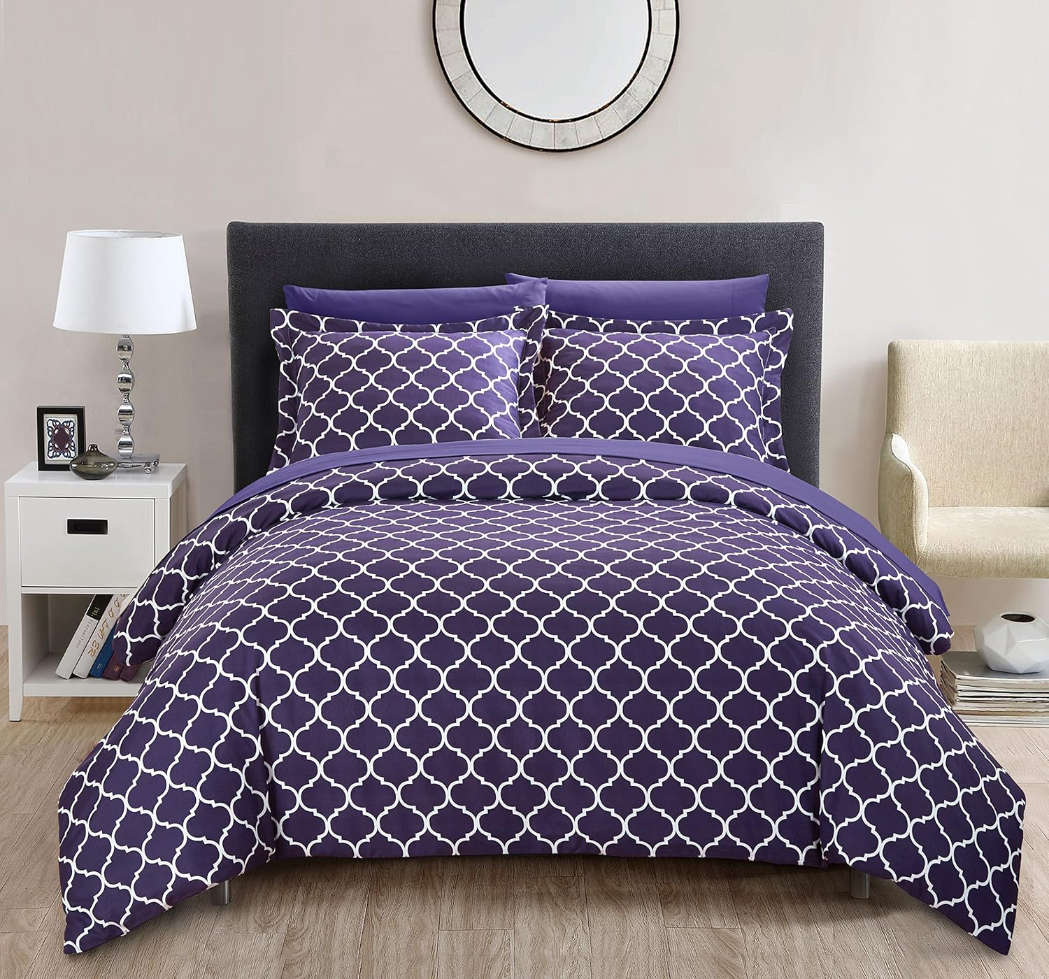 Chic Home Brooklyn 3 Piece Reversible Duvet Cover Set Geometric Diamond Fretwork Pattern Print Zipper Closure Bedding-Decorative Pillow Shams Included, King, Plum