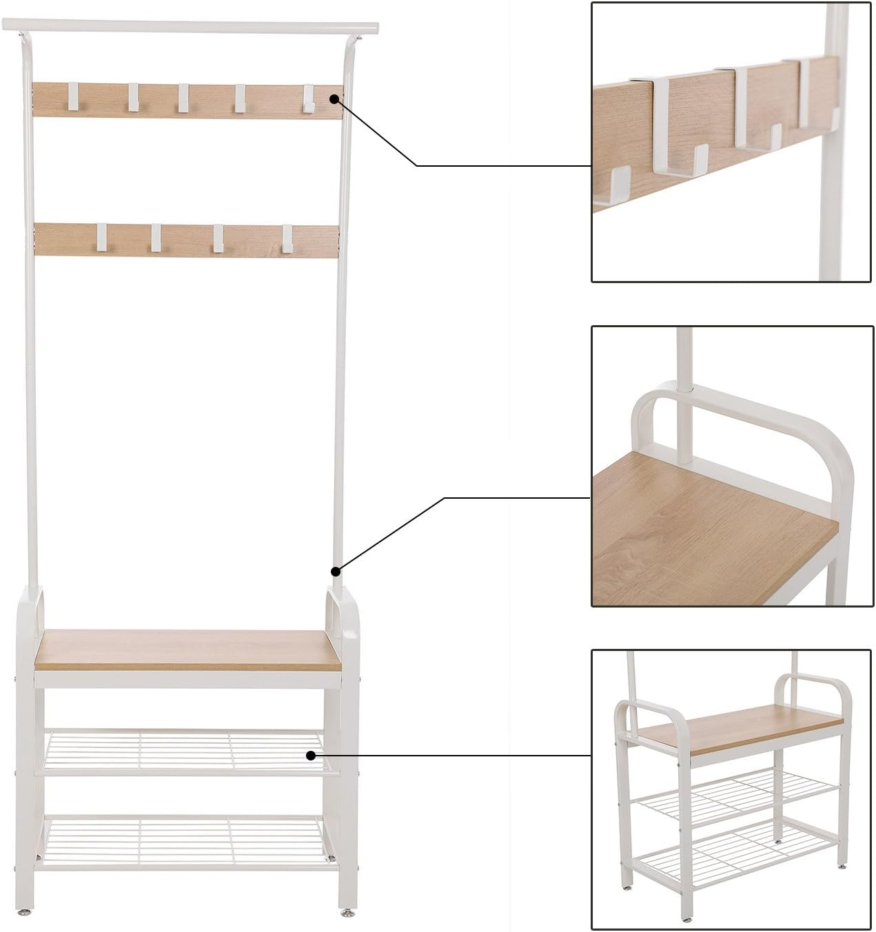 VASAGLE Coat Rack, Coat Stand with Shoe Storage Bench, 4-In-1 Design, with 9 Removable Hooks, a Clothes Rail, for Hallway, Entrance, 33.7 X 72 X 183 Cm, Modern, Oak and Cream HSR40W - Black image number 6