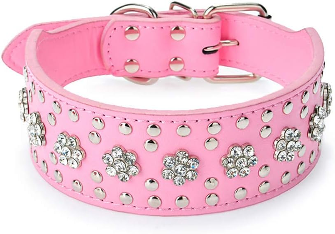 Haoyueer Rhinestones Dog Collars Flower Pattern Rhinestone Studded Leather Sparkly Crystal Diamonds Dazzling Sparkling Elegant Fancy PU Leather Dog Collar for Medium & Large Dogs(Pink,L)