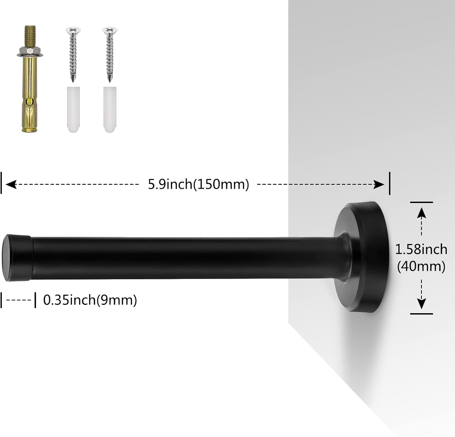 Door Stops, 150Mm/6Inch Long Door Stopper Black Door Stops Wall Mounted Tall Modern Door Stop Heavy Duty Stainless Steel Doorstop with Sound Dampening Rubber Tip Door Stoppers for Skirtings, 1Pack