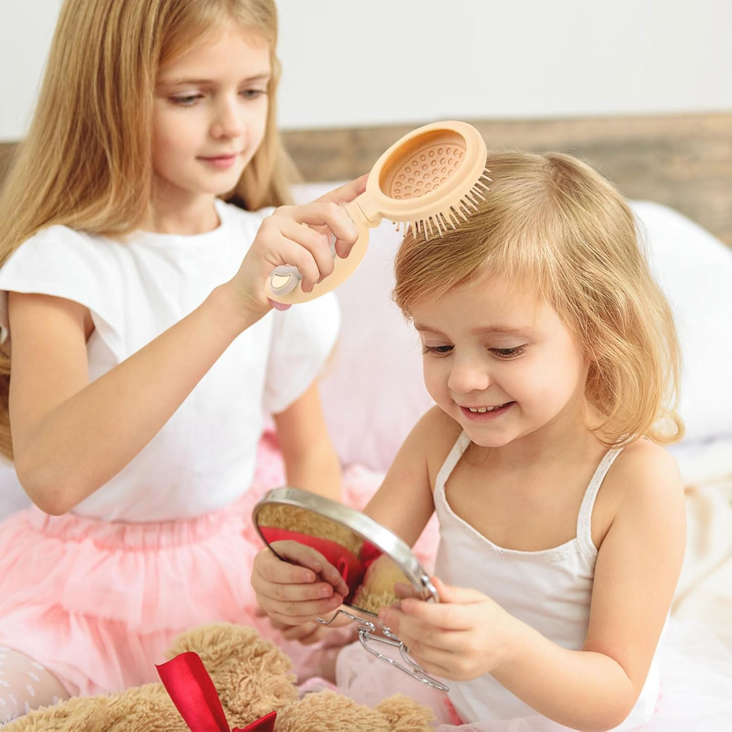 Muorruo Mini Travel Hairbrush for Kids, round Folding Mirror and Small Hairbrush for Boys and Girls, Baby Detangling Brush, Massage Hairbrush with Air Cushion for Thick Hair (Beige) image number 3