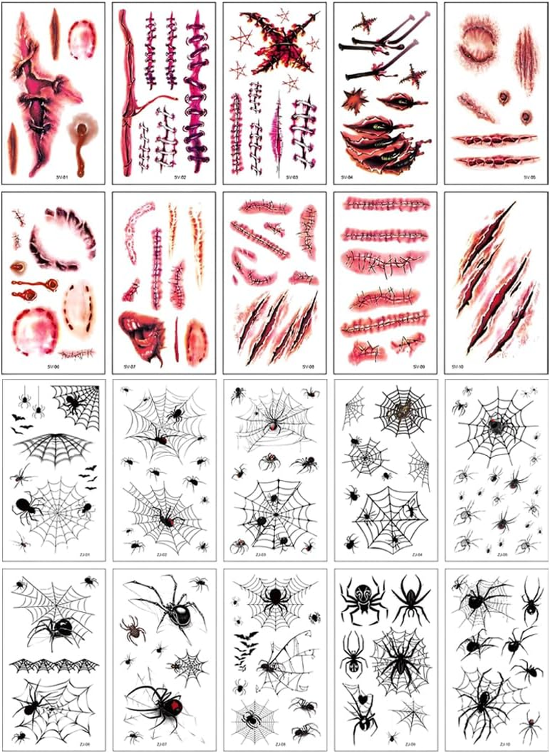 ZORVYN 20 Sheets Halloween Tattoos, Scary Face Stickers, Vampire Zombie Devil Accessories, Scars Wounds Bat Face Tattoo, Adults Children Costume Accessories Motifs