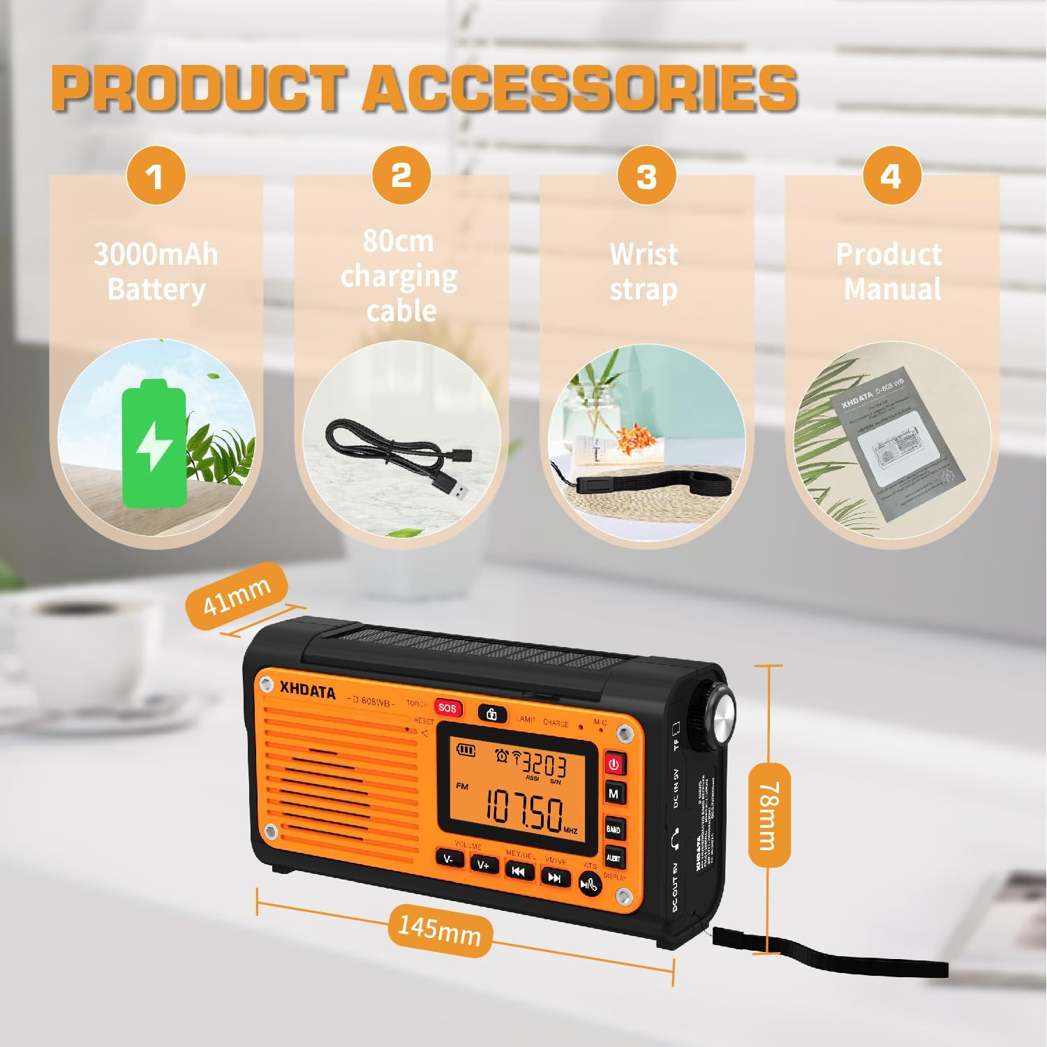 XHDATA D-608WB Portable Emergency Crank AM FM SW Radio with 3000Mah Reading Lamp, USB, Solar Power with LED Torch for Home & Outdoor Emergency,Camping