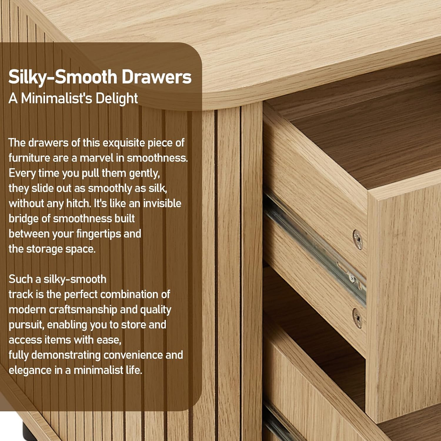 Merryluk Fluted Bedside Table Set of 2 Oak Nightstand with 2 Drawers and Black Metal Legs Ribbed Wood End Table round Corner Storage Cabinet for Bedroom Scandi Style