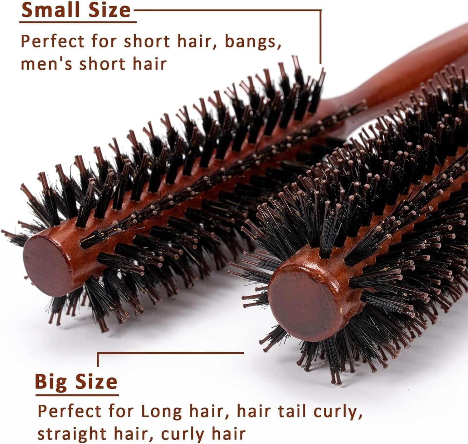 Kzvsiy 2 Pcs round Boar Bristle Hair Brush Set, Wooden Handle round Styling Brush, Boar Mane Bristle Brush for Hair and Beard, Sleek Brush for Men & Women, Perfect for Slicking and Grooming image number 3