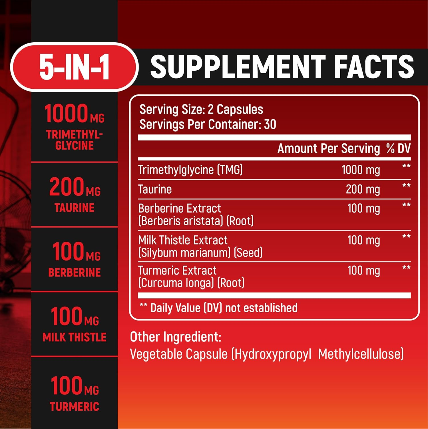 TMG Trimethylglycine Supplement with Taurine, Berberine, Milk Thistle, Turmeric - 60 Vegan & Non-Gmo image number 3