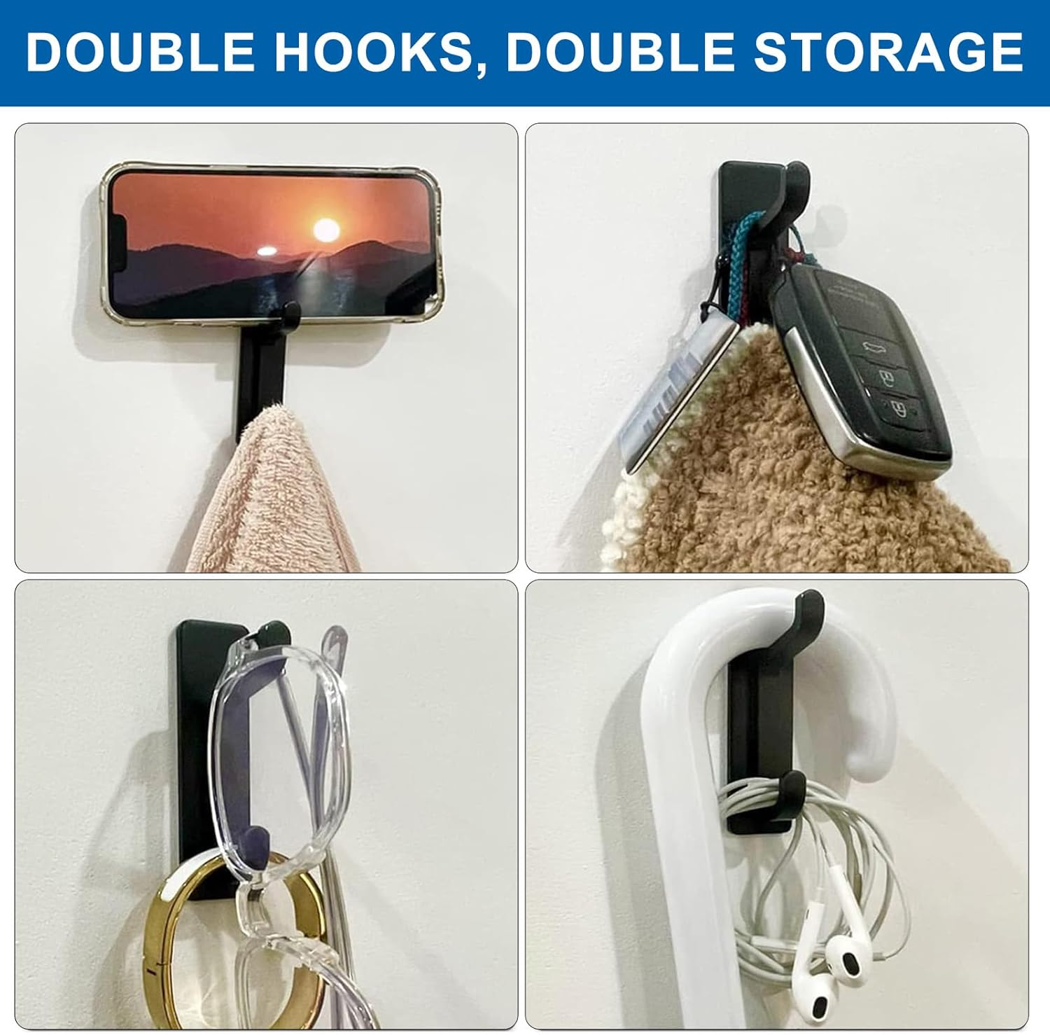 Adhesive Wall Hooks Heavy Duty 6KG/13LB - 4 Pack Black Stick on Hooks for Towels, Coats, Bags No Damage Hanging Hooks for Bathroom, Dorm, Closet (Metal Hooks for Robe, Purse, Backpack) image number 3