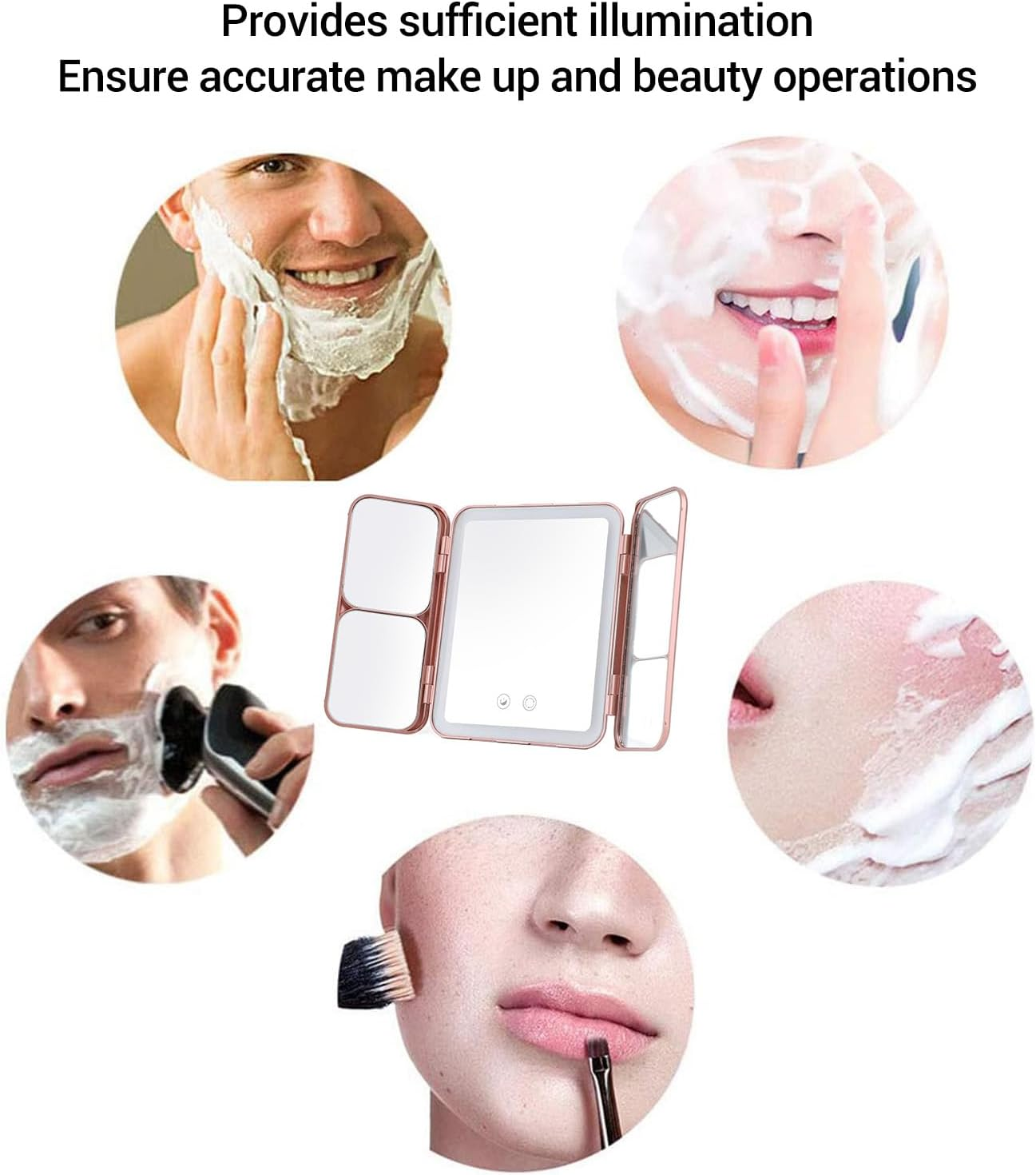 Folding Travel Makeup Mirror, Portable Lighted Vanity Mirror Rechargeable, Tabletop LED Beauty Mirror with Adjustable Lighting for Home Outdoor image number 1