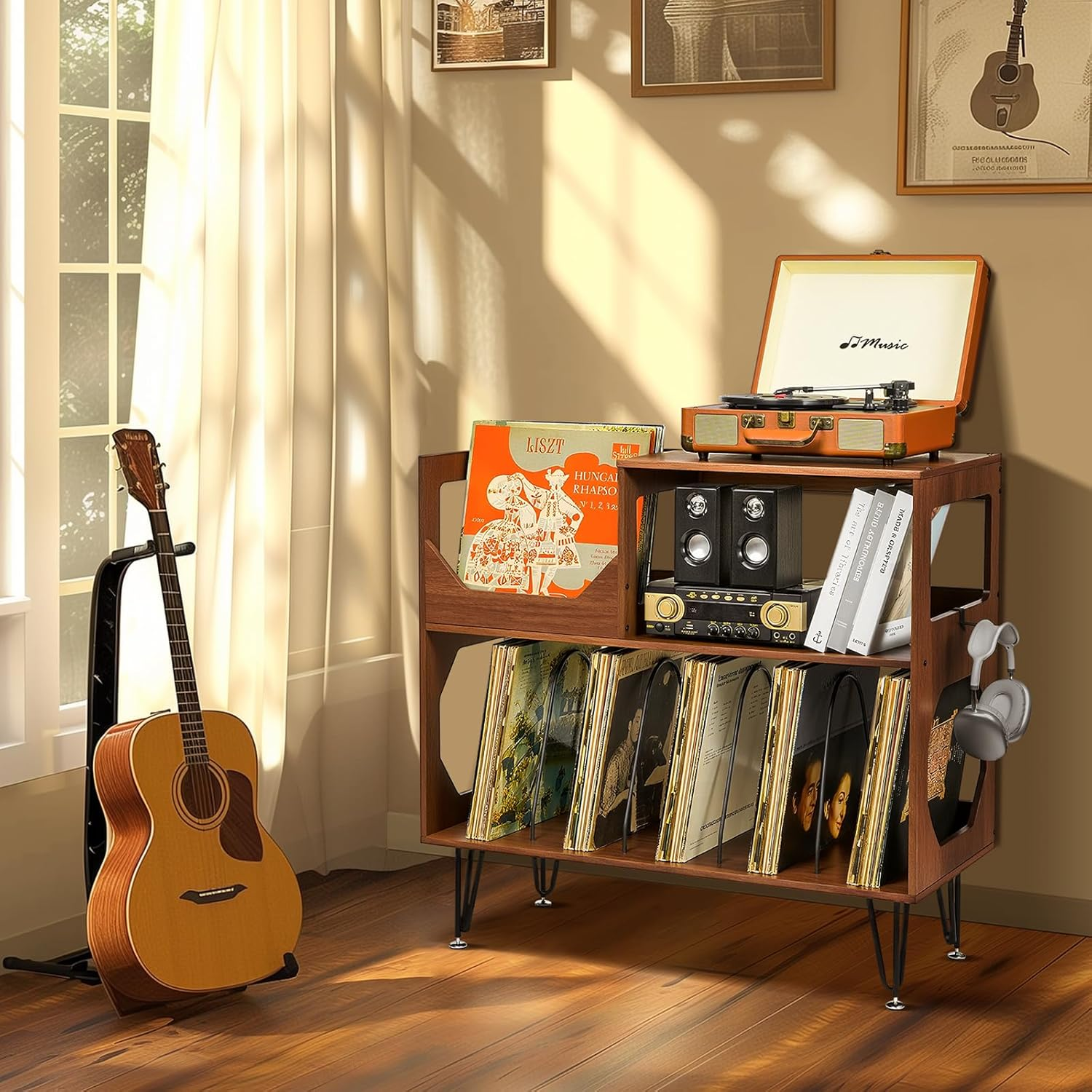 Large Record Player Stand, Vinyl Record with Storage, 2 Tier Record Player Cabinet for up to 370 Albums Turntable Stand with Vinyl Display Area and Metal Legs for Music Room Living Room - Walnut Brown image number 5