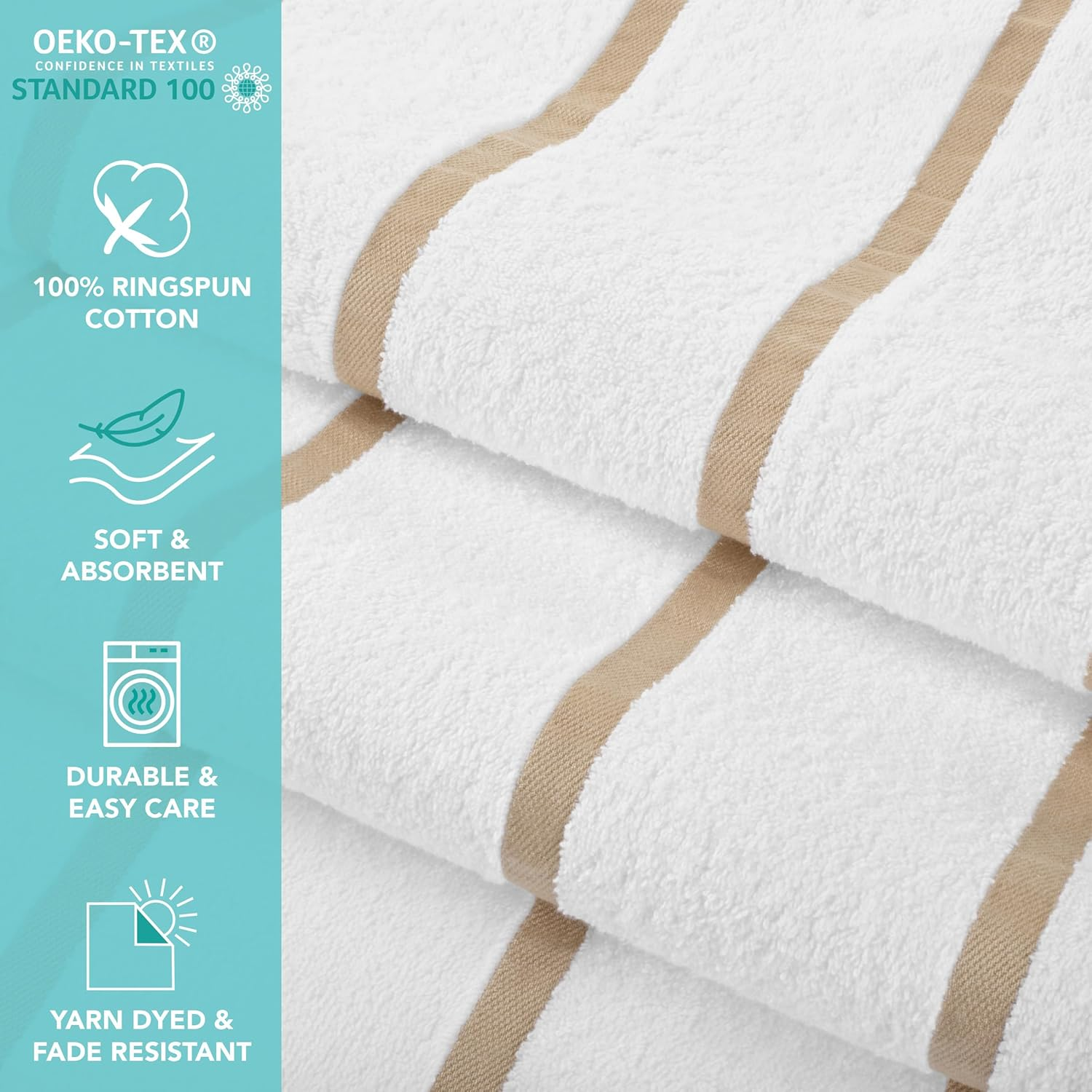 Arkwright Las Rayas Beach Towels - (Pack of 4) 100% Ring Spun Cotton Soft Quick Dry White Bath Towel, 480 GSM Towels for Hotel, Resort, Spa, Hot Tube, 30 X 60 In, Beige Stripes image number 3