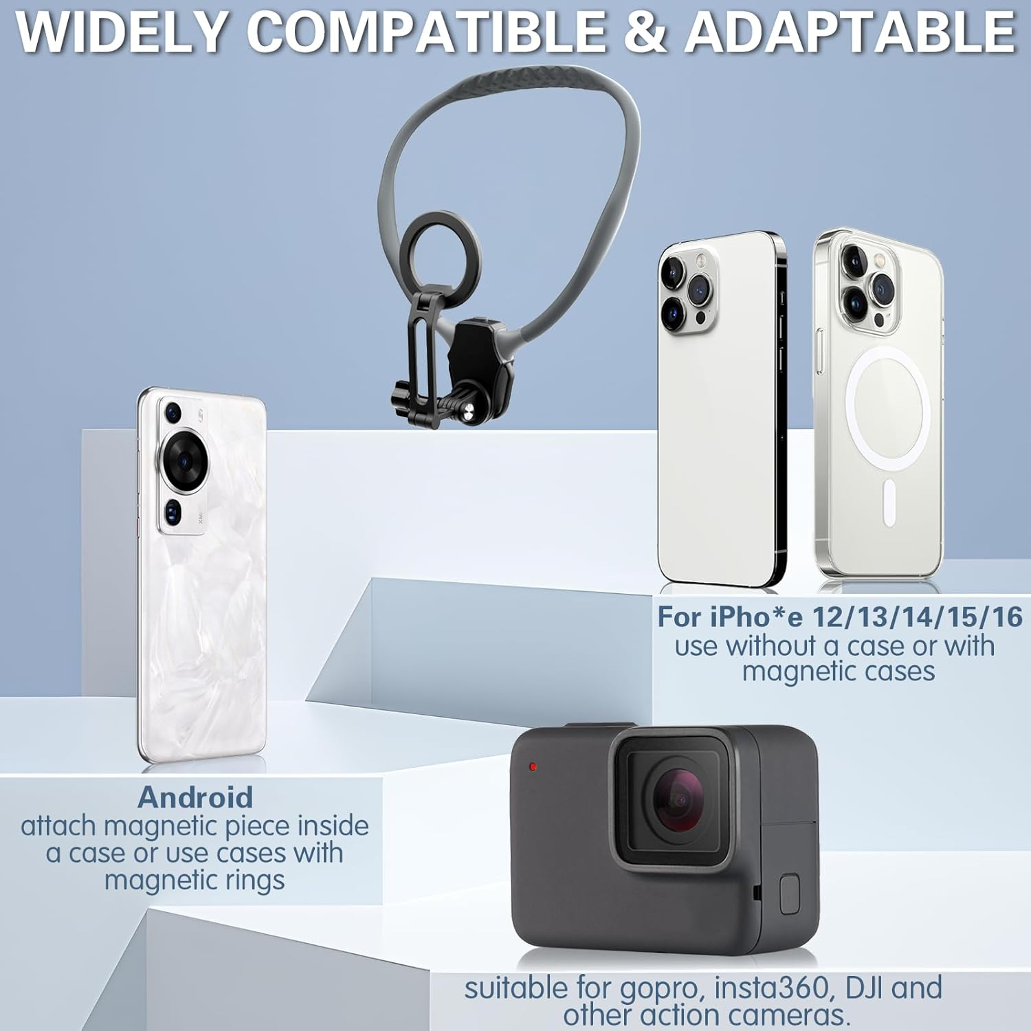 Beviliu Magnetic Neck Phone Holder for Recording, Hands Free Pov/Vlog Phone Holder Neck Mount with Anti-Shake Chest Strap Selfie Video Filming for Iphone 16 15 14 13 12 Seires Android Gopro Insta360 image number 5