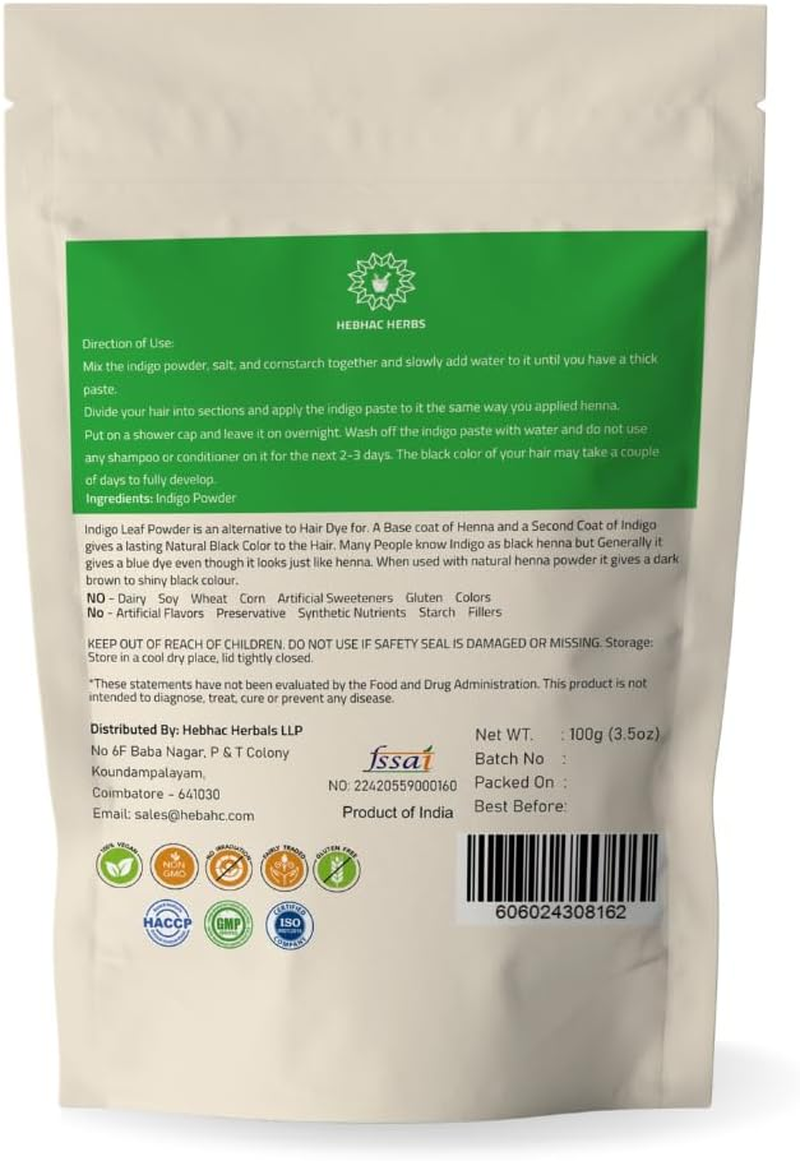 Indigo Powder for Hair Color/Beard Dye by Hebhac Herbs | Natural Indigo Hair Color for Black & Dark Hair | Indigofera Tinctoria | 3.5Oz (100G) Natural Hair Dye Powder image number 5
