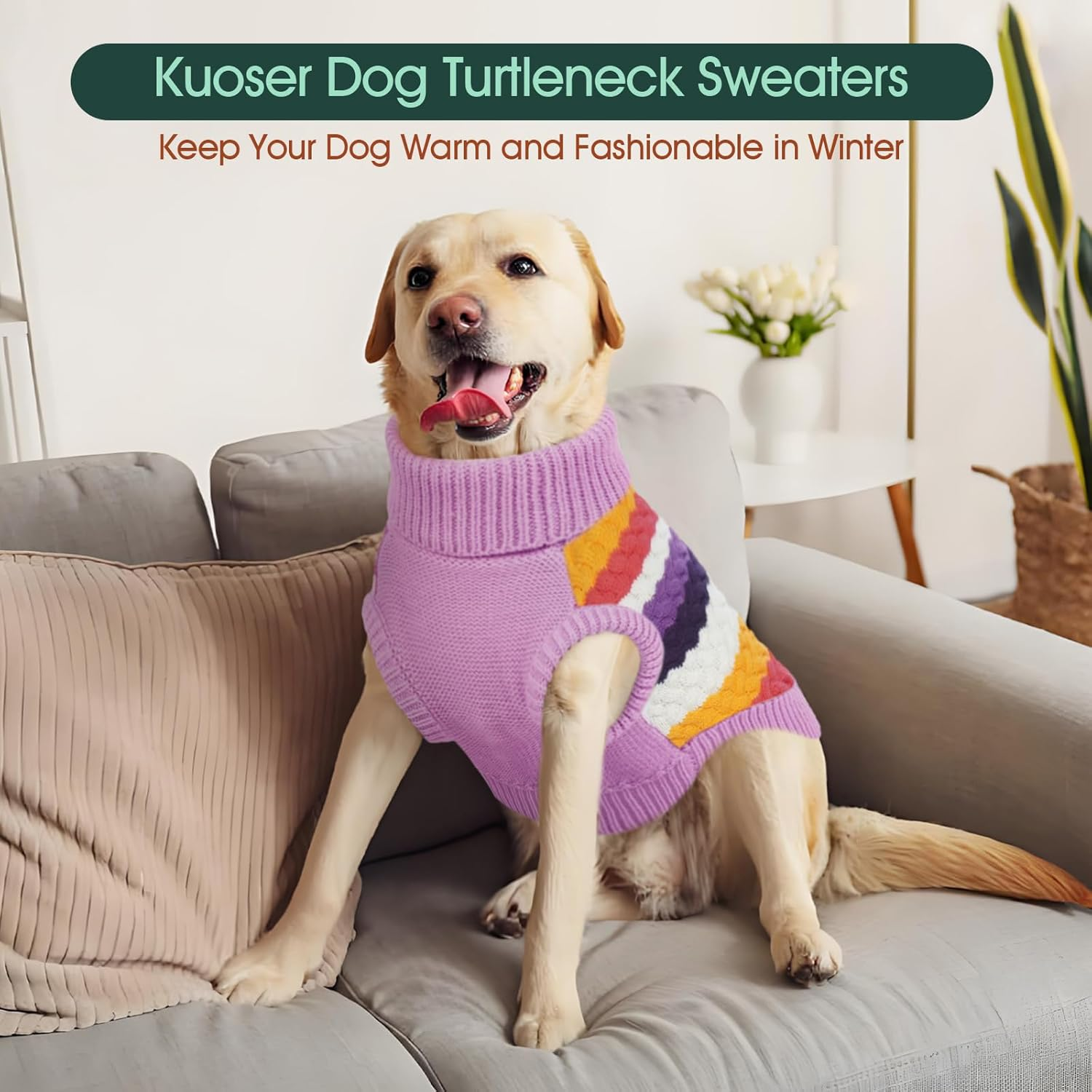 Kuoser Dog Sweater Dog Jumper, Large Dog Sweaters for Girls Boys, Thick Dog Fall Winter Sweater Cable Knitwear, Pet Sweatshirt Dog Warm Clothes Turtleneck Pullover, Purlple L image number 1