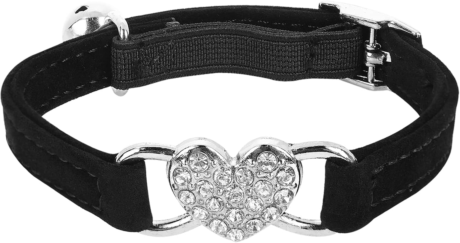 Heart Bling Cat Collar, Adjustable Collar with Safety Belt and Bell Rhinestone Collar for Kitten Small Dog Cat (Black)