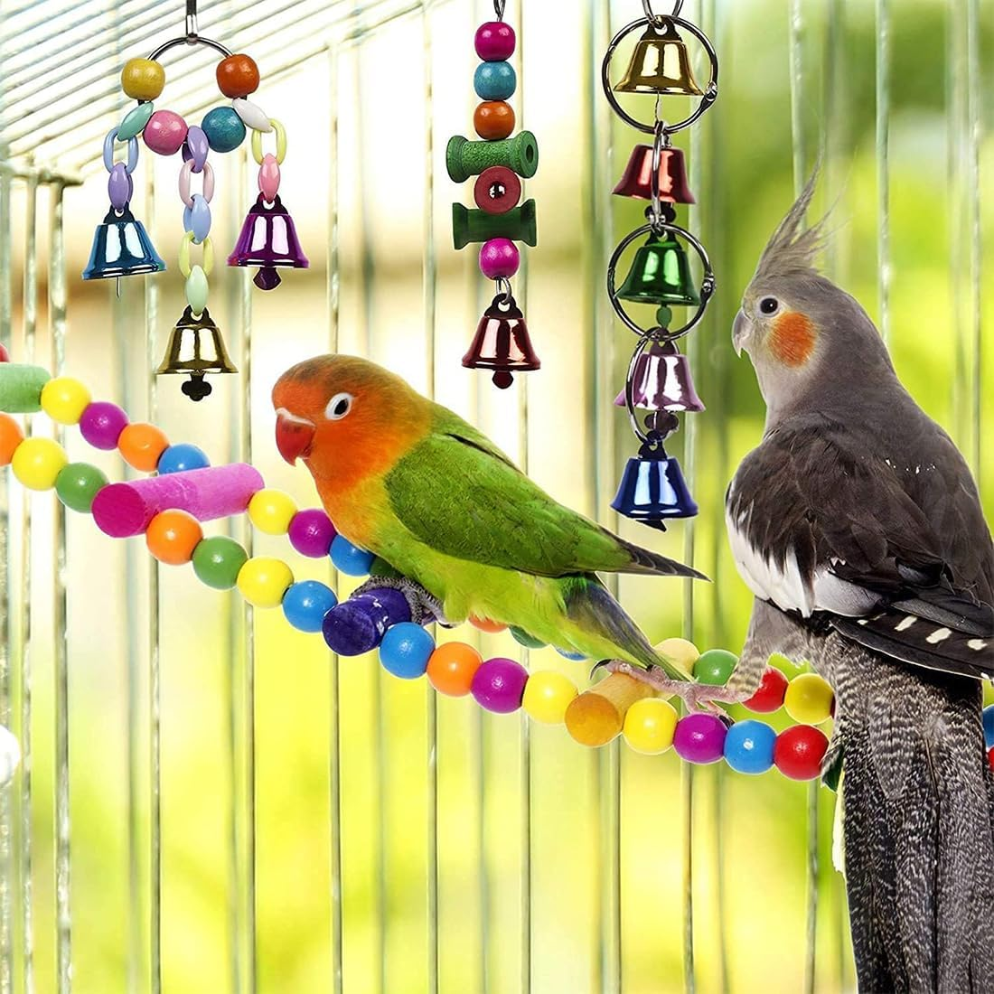Bird Sw-Ing Chewing Toys, 14Packs Brightly Colored and Sturdy Parrot Hammock Bell Toys,Parrot Cage Toy Bird Per-Ch with Wood Beads Hanging for Small Parakeets, Finches,Budgie, Love Birds,Canaries
