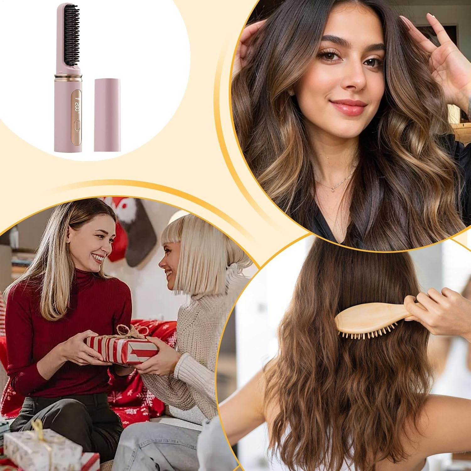 Zjhukfmc Brush Straightener for Women - Cordless Hair Straightening Brush - Fast Heating Rechargeable Curling Iron with Adjustable Temp, Less Heat Damage Curler for Women Home Travel