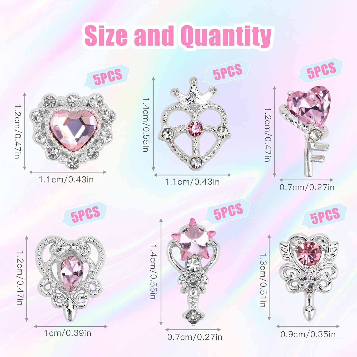 Nail Charms for Acrylic Nails - Madenia 30PCS Y2K 3D Silver Nail Charms and Gems for Nail Art, Hearts Nail Rhinestones Accessories Suitable for Manicure DIY Nail Art Decorations, Silver & Pink image number 3